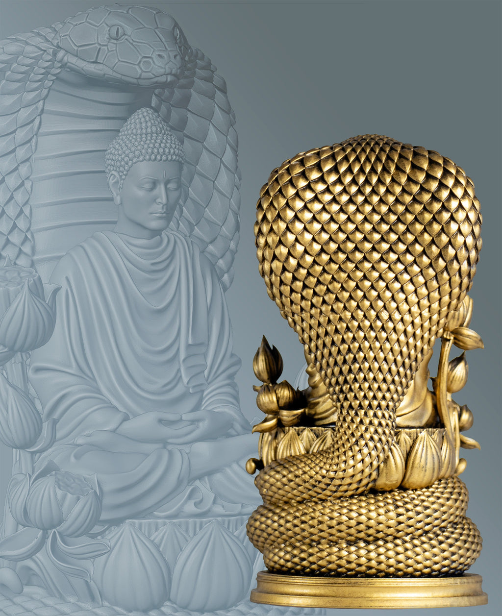 Buddha Statue. Siddhartha Gautama, the Buddha, Buddhism Founder.  Protected by Naga King Mucalinda. (Handmade, UV-resin)