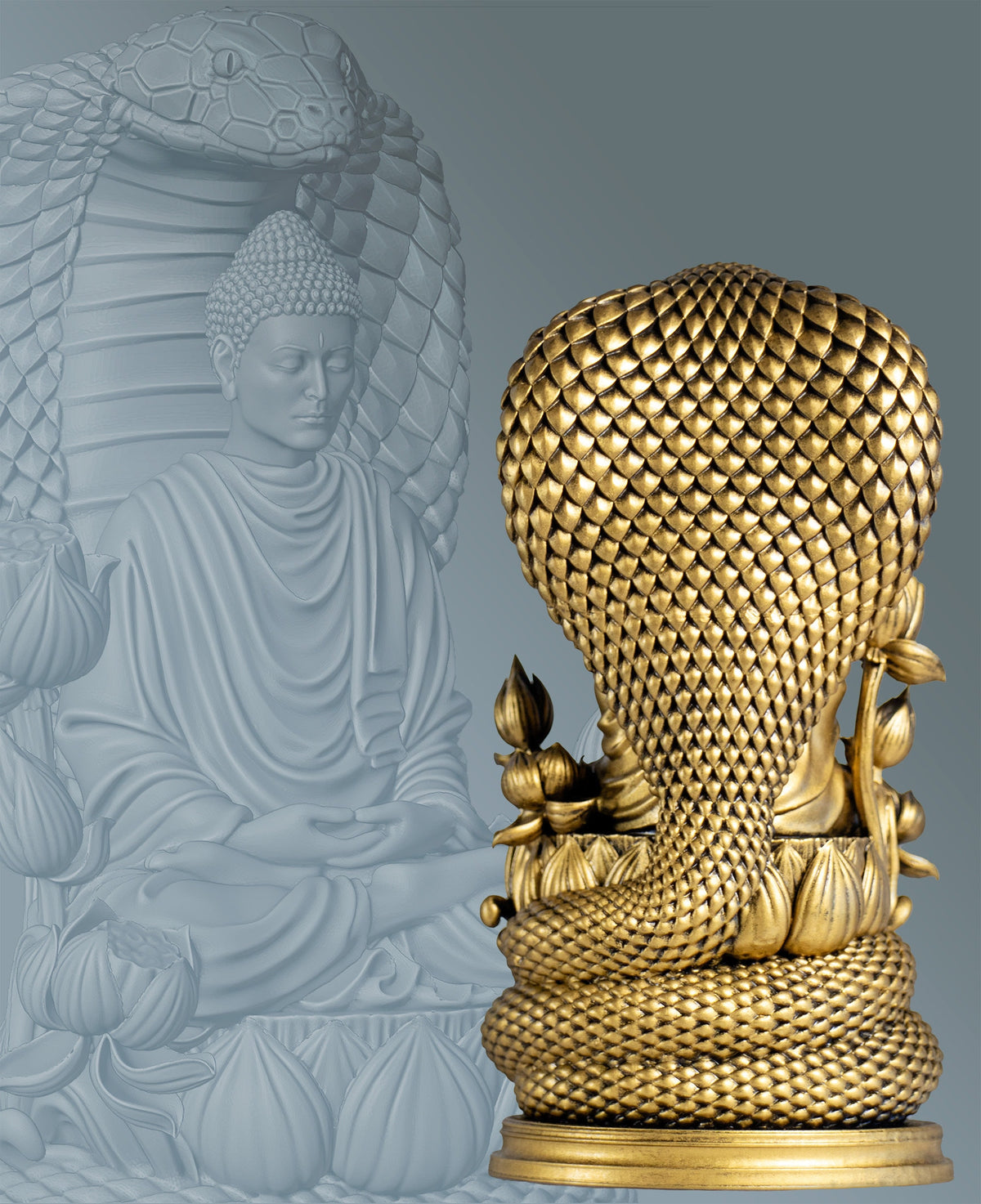 Buddha Statue. Siddhartha Gautama, the Buddha, Buddhism Founder.  Protected by Naga King Mucalinda. (Handmade, UV-resin)