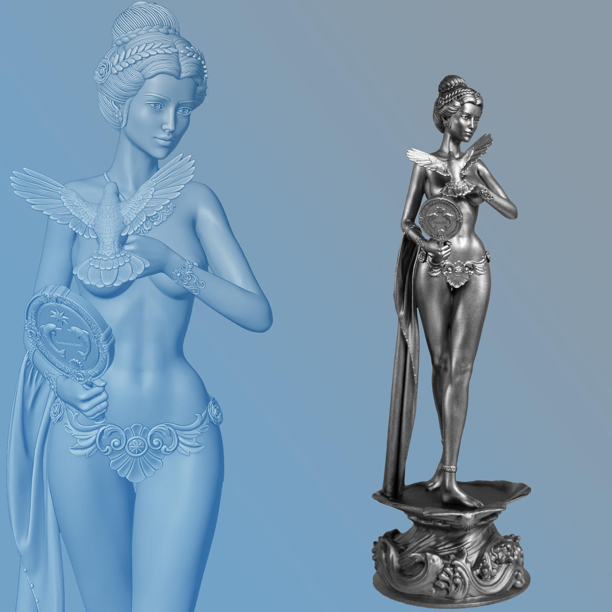 12" Aphrodite (Venus) Statue, Love, Sexuality, Beauty Goddess. In Gold, Silver, Black colors (Handmade, UV-resin)