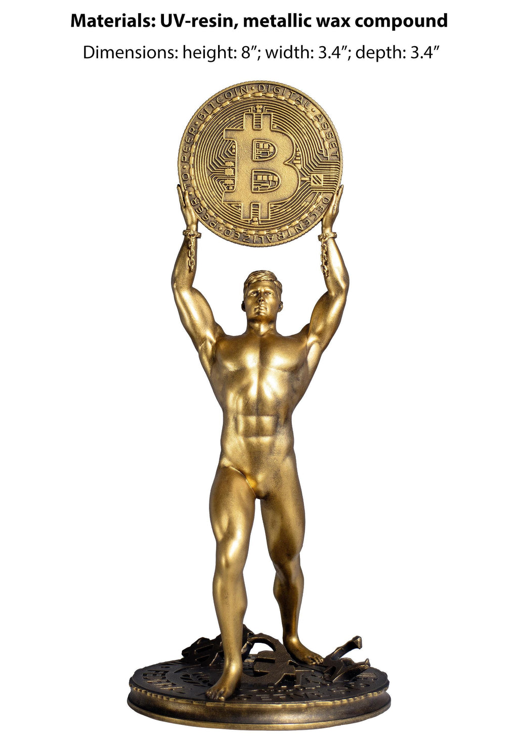 Statue de l'homme Bitcoin, or numérique crypto, symbole de liberté financière. (Fait main, résine UV)