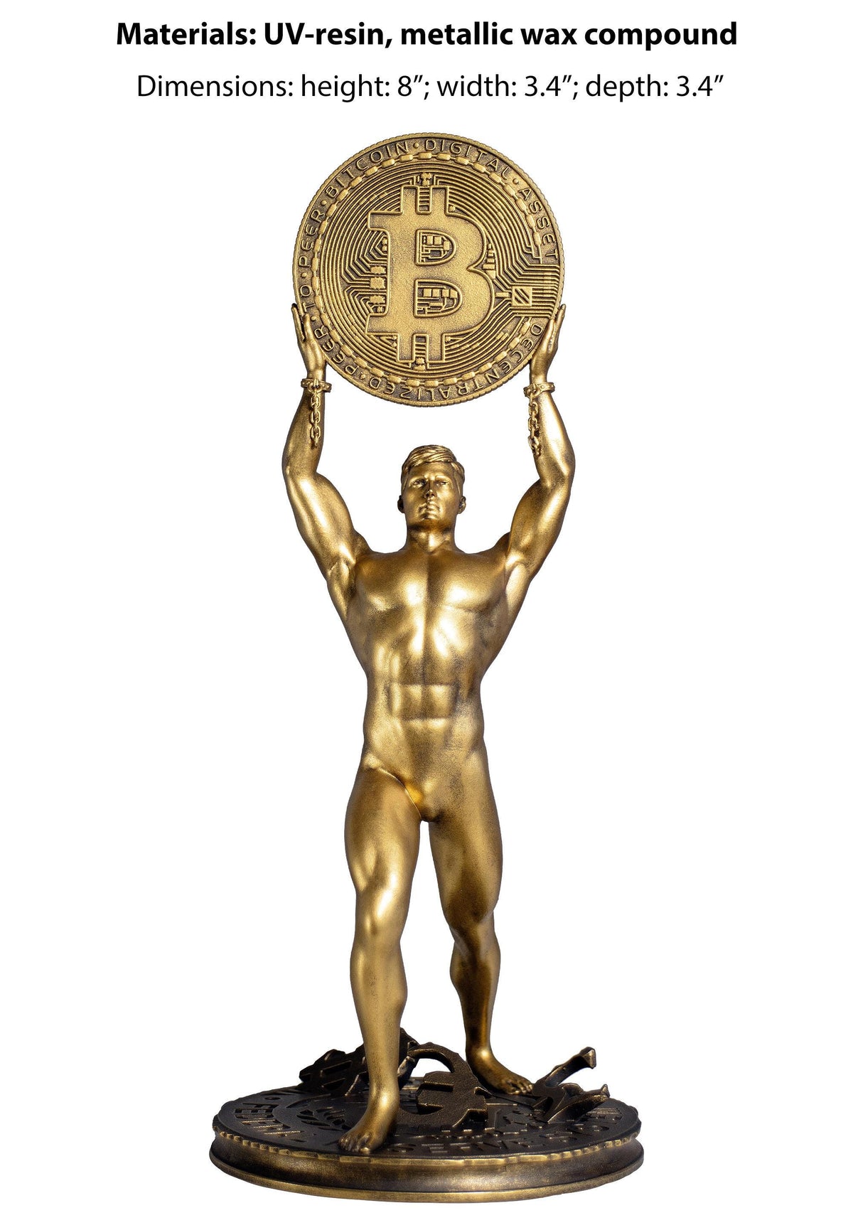Statue de l'homme Bitcoin, or numérique crypto, symbole de liberté financière. (Fait main, résine UV)