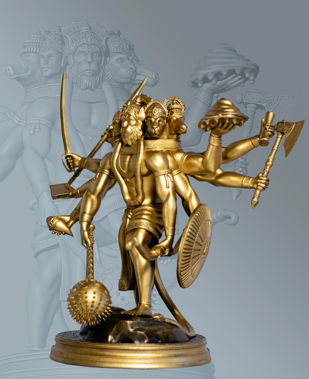 Statue de Lord Panchamukhi Hanuman, forme à 5 visages d'Hanuman (Fait main, résine UV, 2 tailles)