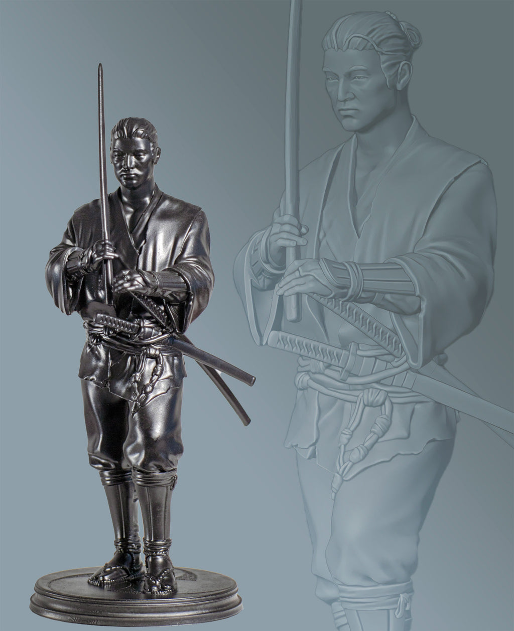 Statue de Miyamoto Musashi, le légendaire guerrier samouraï, figure historique inspirante pour de nombreuses générations. (Fait main, résine UV)