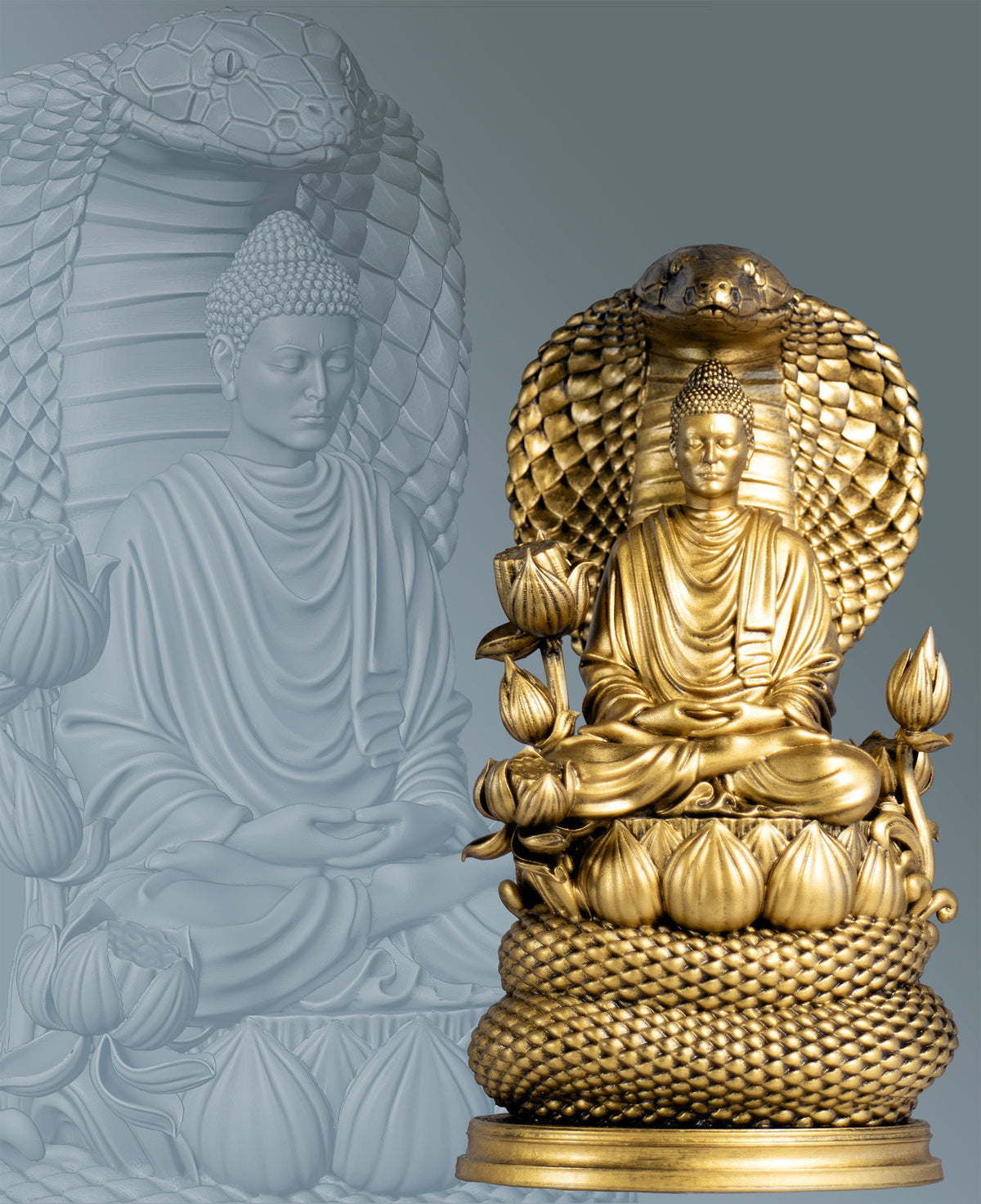 Buddha Statue. Siddhartha Gautama, the Buddha, Buddhism Founder.  Protected by Naga King Mucalinda. (Handmade, UV-resin)