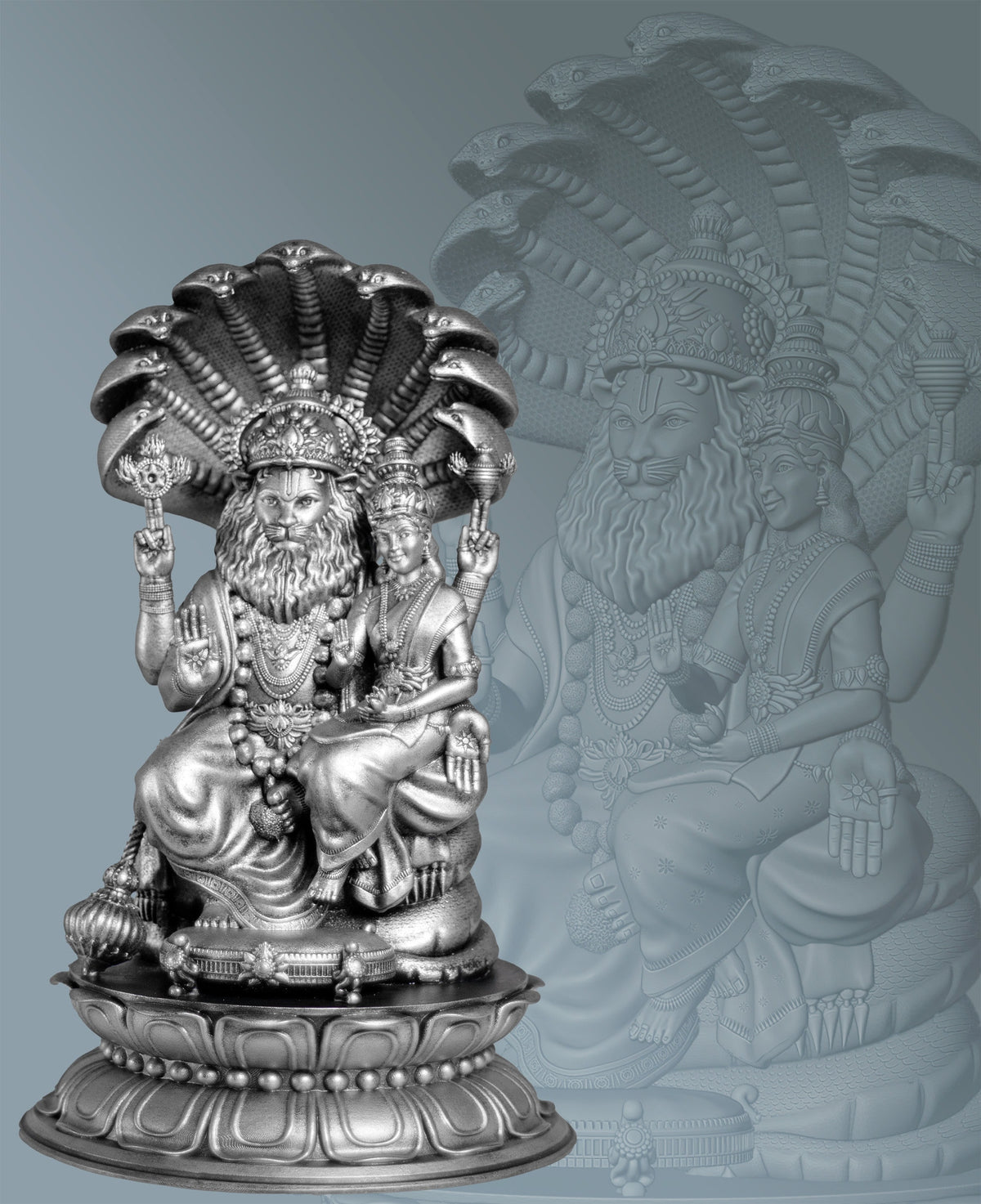 Statue de Sri Lakshmi Narasimha. 4e avatar du dieu Vishnu. Déesse de la prospérité Lakshmi. (Fait main, résine UV)