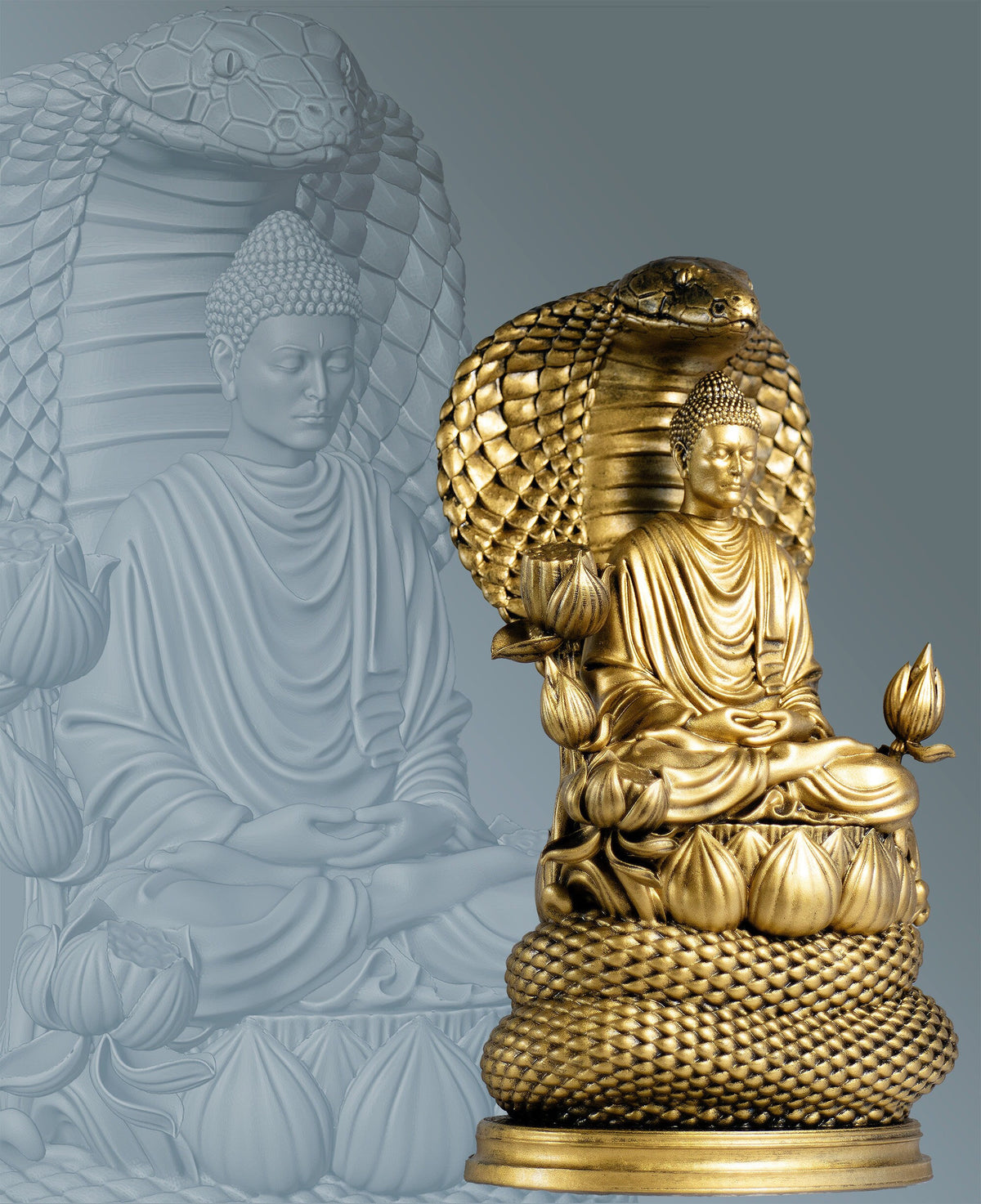 Buddha Statue. Siddhartha Gautama, the Buddha, Buddhism Founder.  Protected by Naga King Mucalinda. (Handmade, UV-resin)