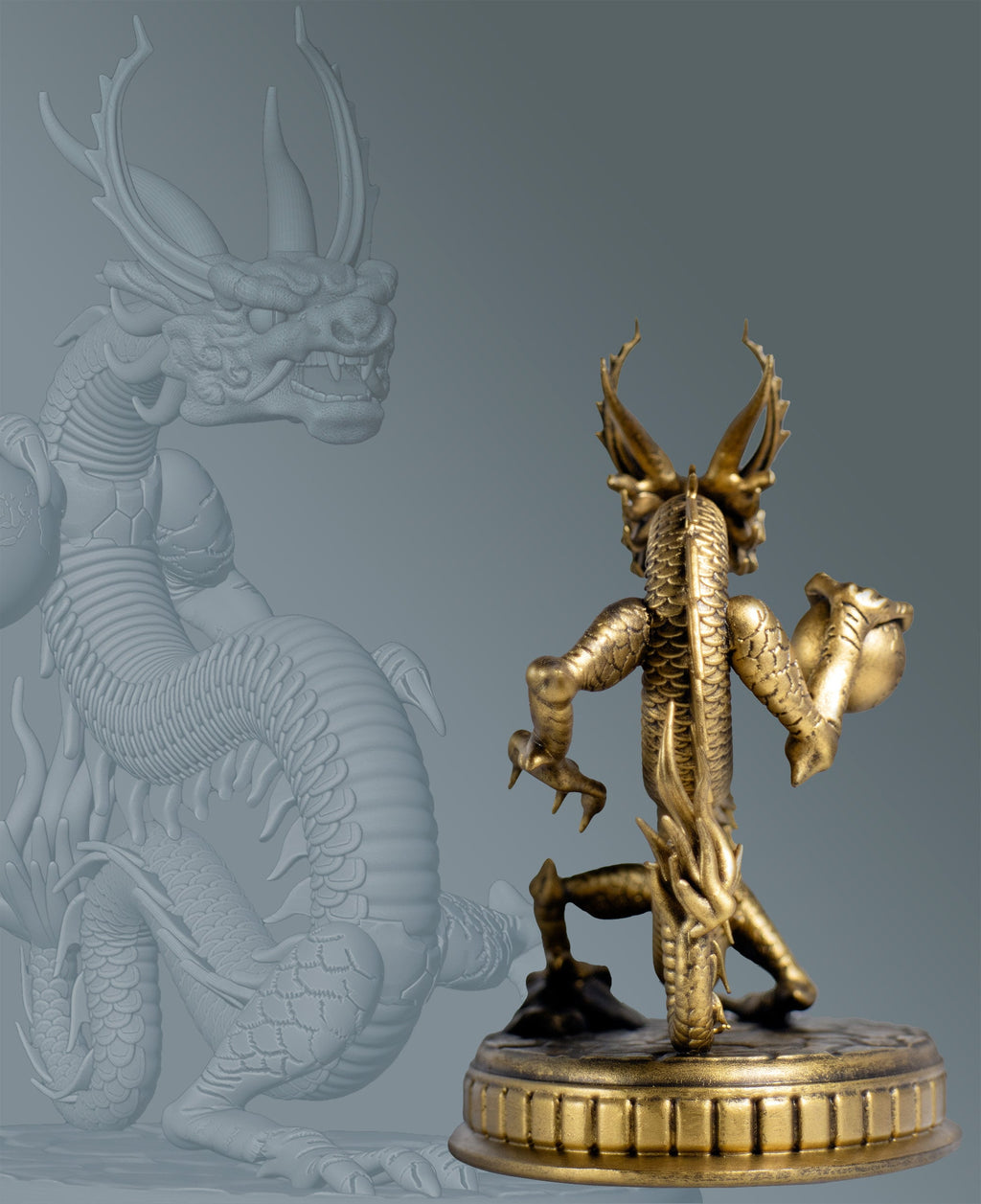 Statue of Chinese Dragon (a.k.a. Lung, Long, 龙, 龍 or Loong) holding the Earth (Handmade, UV-Resin, 2 sizes)
