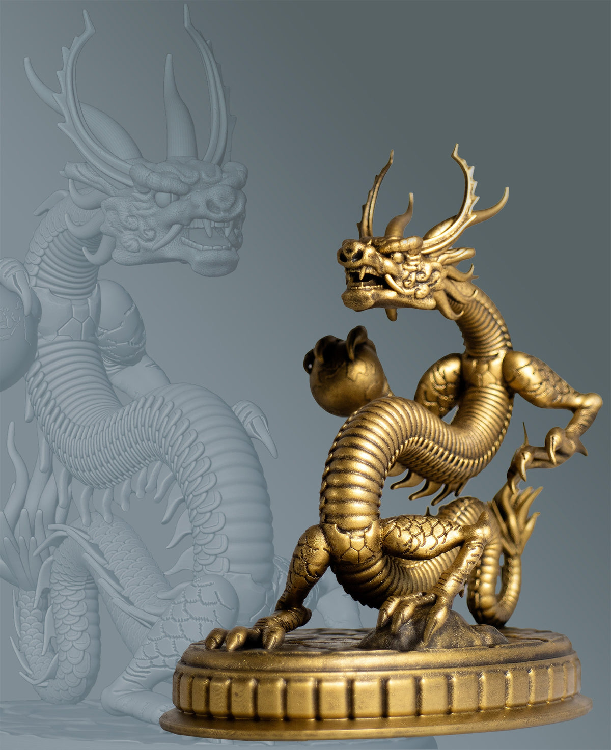 Statue of Chinese Dragon (a.k.a. Lung, Long, 龙, 龍 or Loong) holding the Earth (Handmade, UV-Resin, 2 sizes)