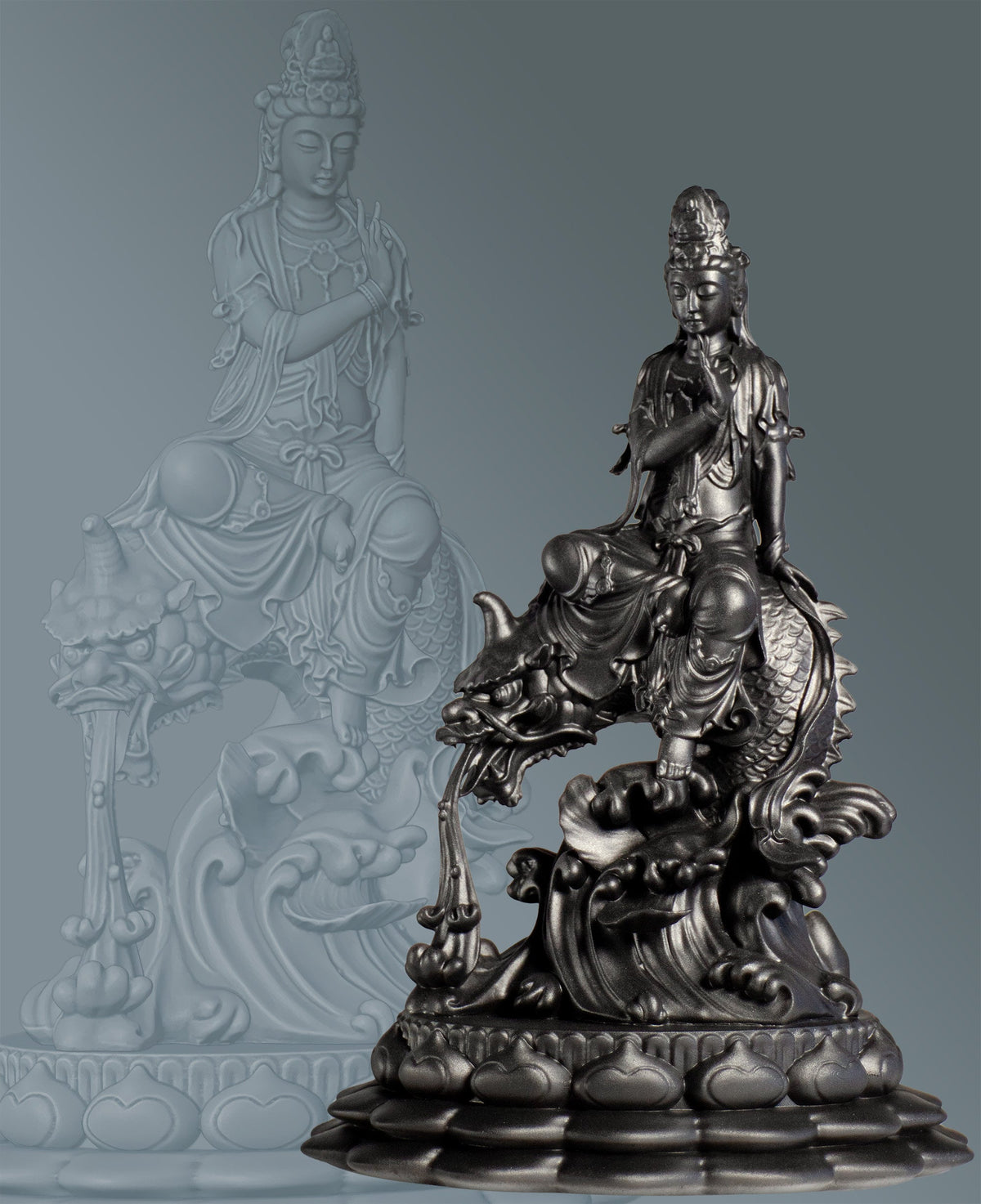 Guan Yin Statue. Goddess of Mercy, Bodhisattva of Compassion Riding Dragon Fish. (Handmade, UV-resin)