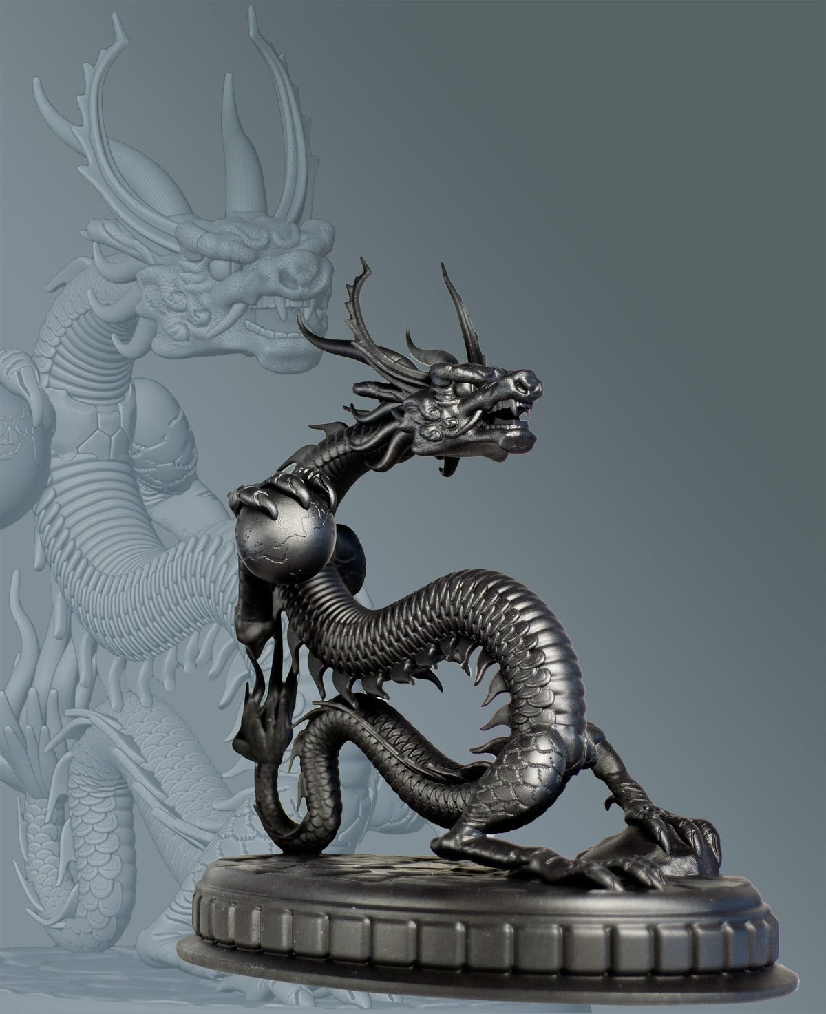 Statue of Chinese Dragon (a.k.a. Lung, Long, 龙, 龍 or Loong) holding the Earth (Handmade, UV-Resin, 2 sizes)