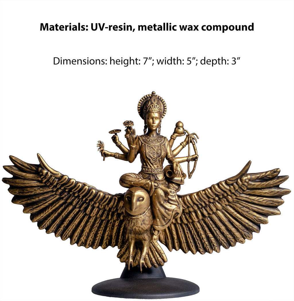 Statue de Lakshmi, déesse de la richesse et de la bonne fortune chevauchant la chouette Uluka (faite à la main, résine UV)