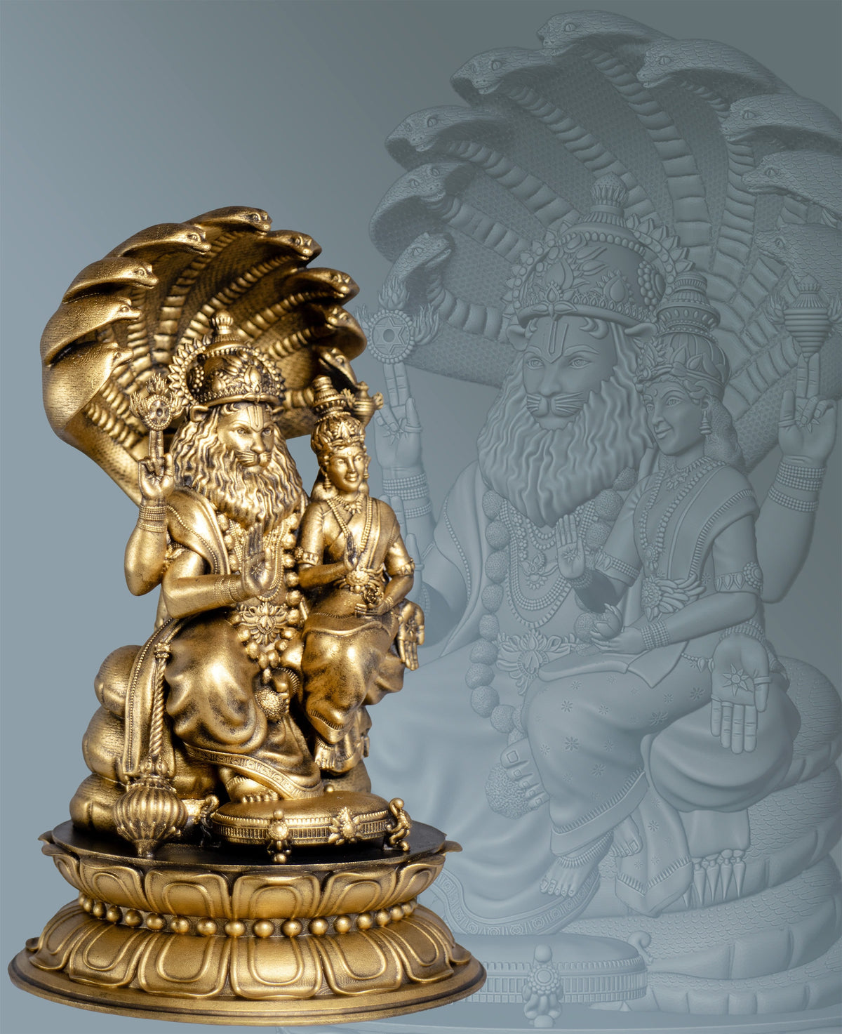 Statue de Sri Lakshmi Narasimha. 4e avatar du dieu Vishnu. Déesse de la prospérité Lakshmi. (Fait main, résine UV)