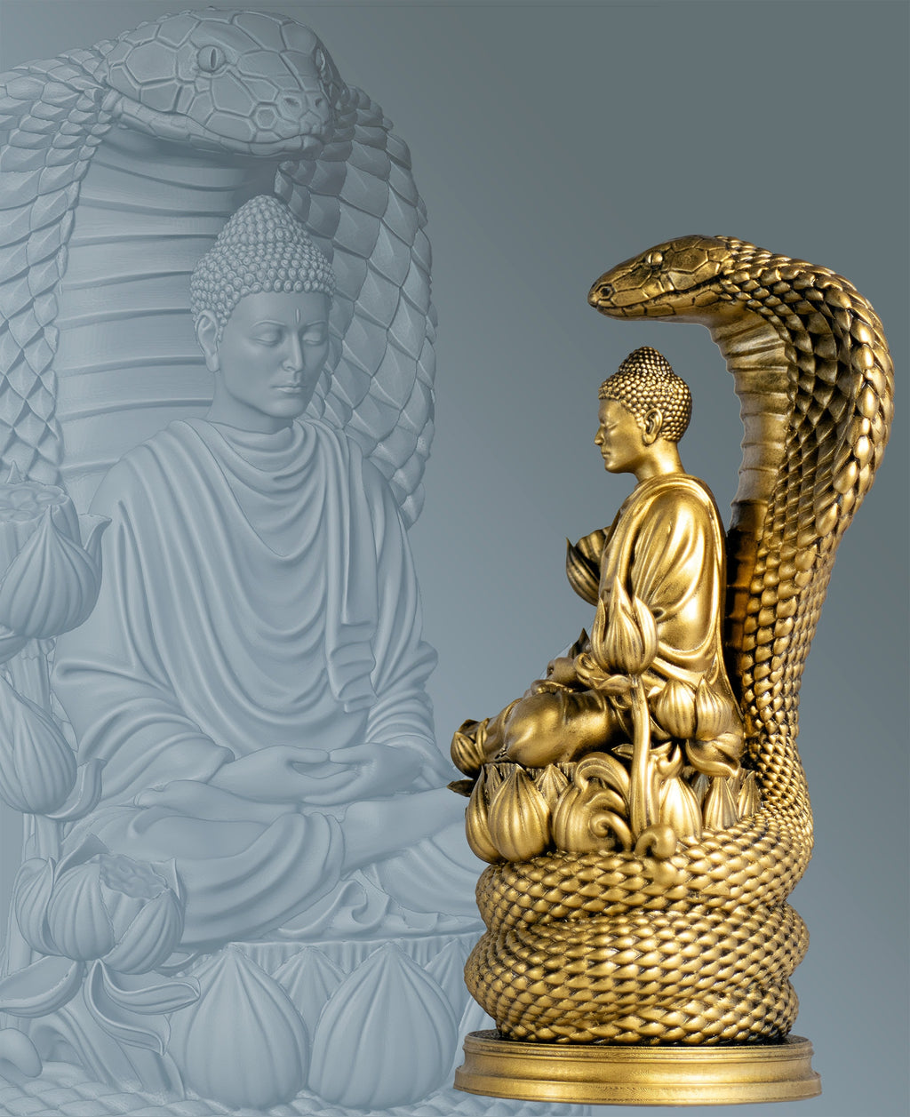 Buddha Statue. Siddhartha Gautama, the Buddha, Buddhism Founder.  Protected by Naga King Mucalinda. (Handmade, UV-resin)