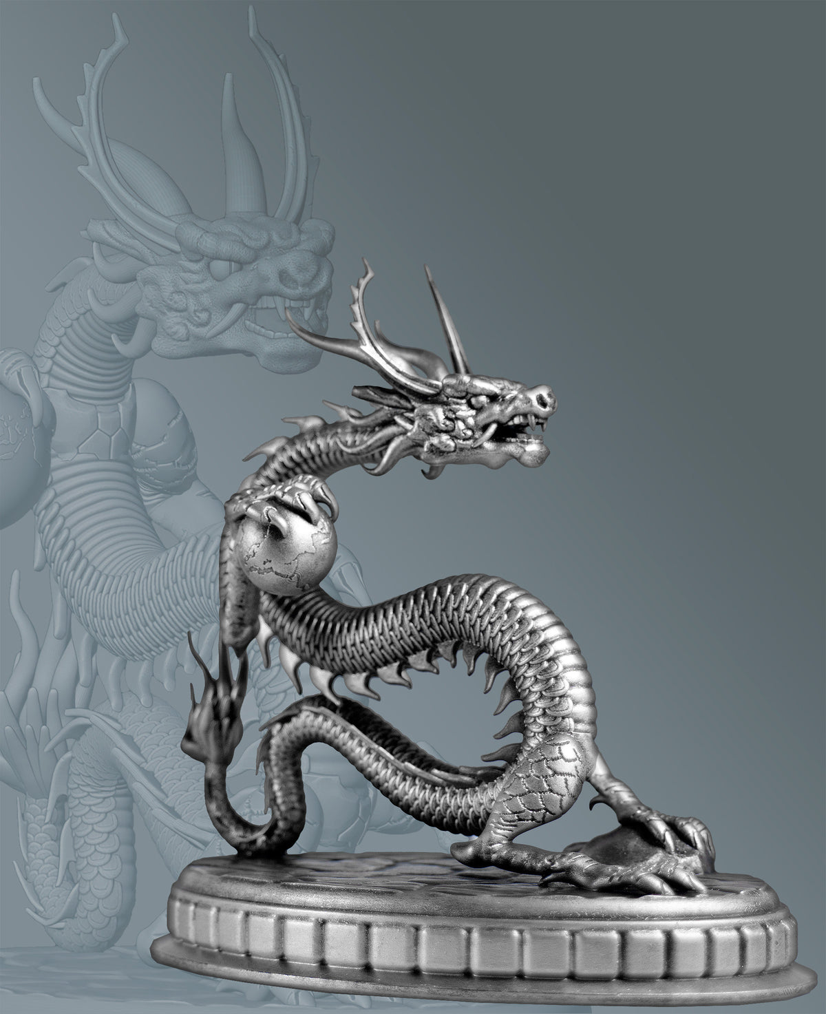 Statue of Chinese Dragon (a.k.a. Lung, Long, 龙, 龍 or Loong) holding the Earth (Handmade, UV-Resin, 2 sizes)