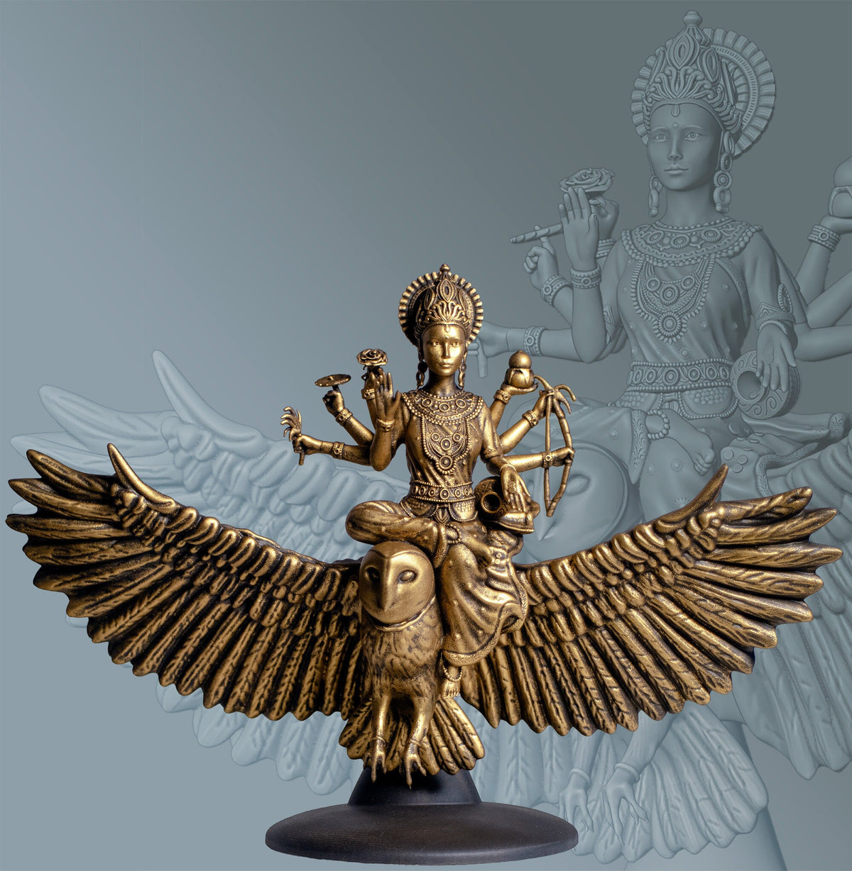 Laxmi Statue, Wealth and Good Fortune Goddess Riding Owl Uluka (Handmade, UV-resin)