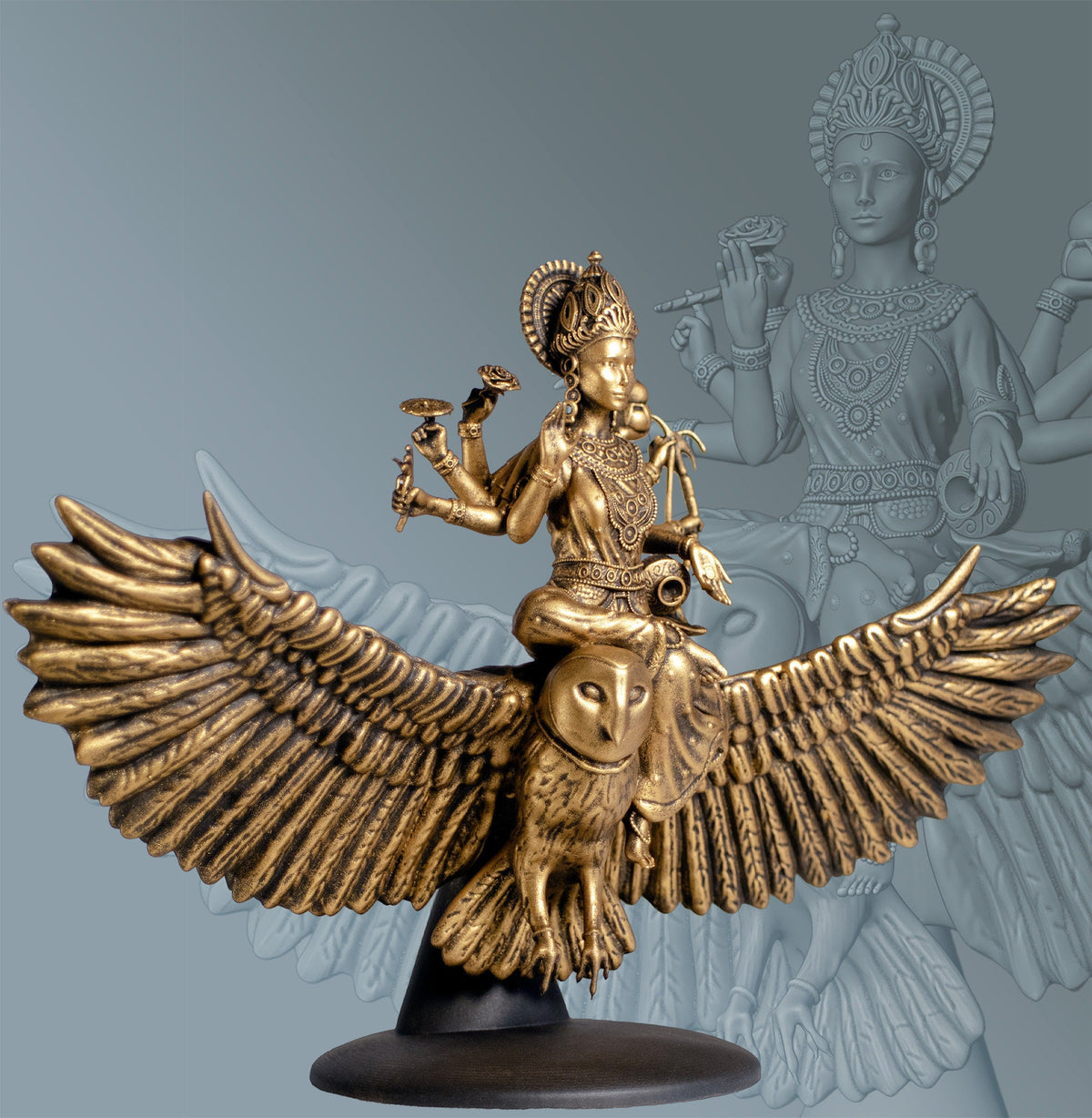 Laxmi Statue, Wealth and Good Fortune Goddess Riding Owl Uluka (Handmade, UV-resin)