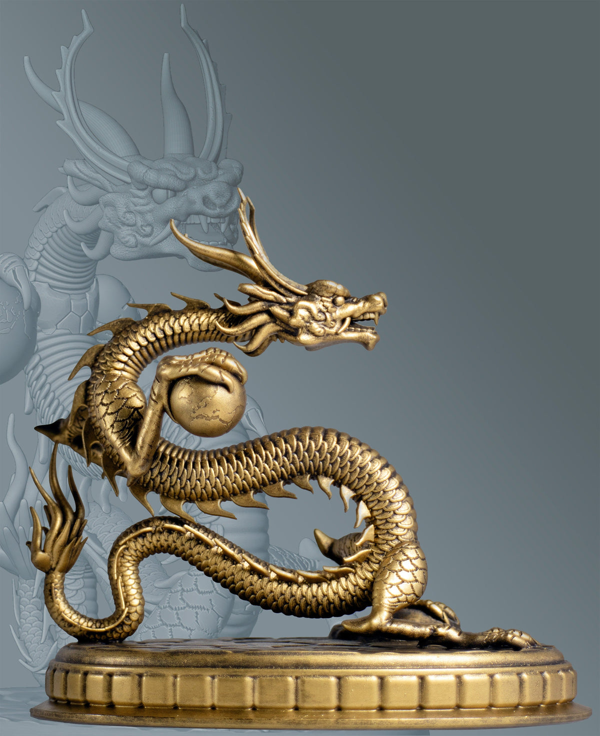 Statue of Chinese Dragon (a.k.a. Lung, Long, 龙, 龍 or Loong) holding the Earth (Handmade, UV-Resin, 2 sizes)