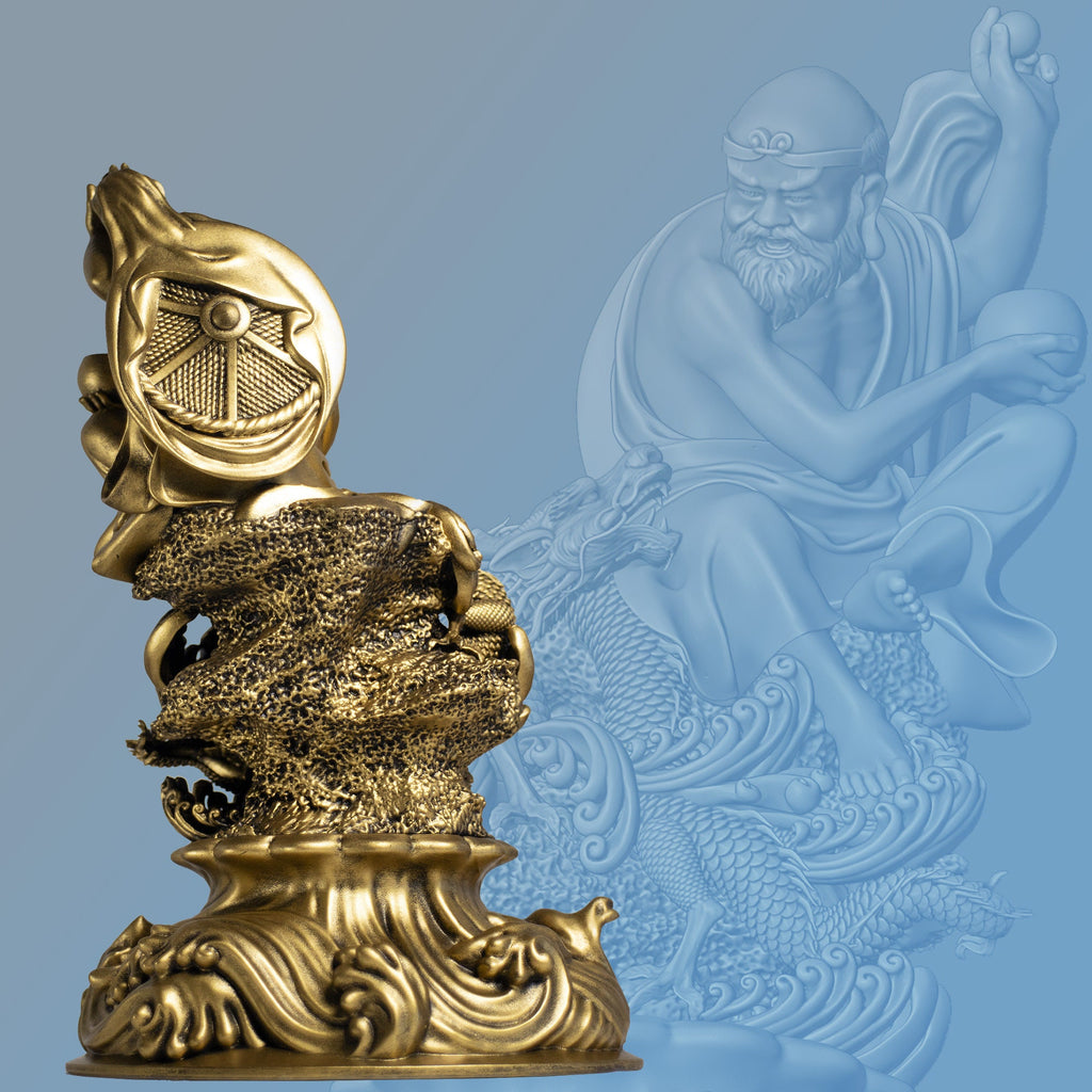 Statue de Bodhidharma, moine bouddhiste et fondateur du zen, jouant avec un dragon. (Fait main, résine UV)