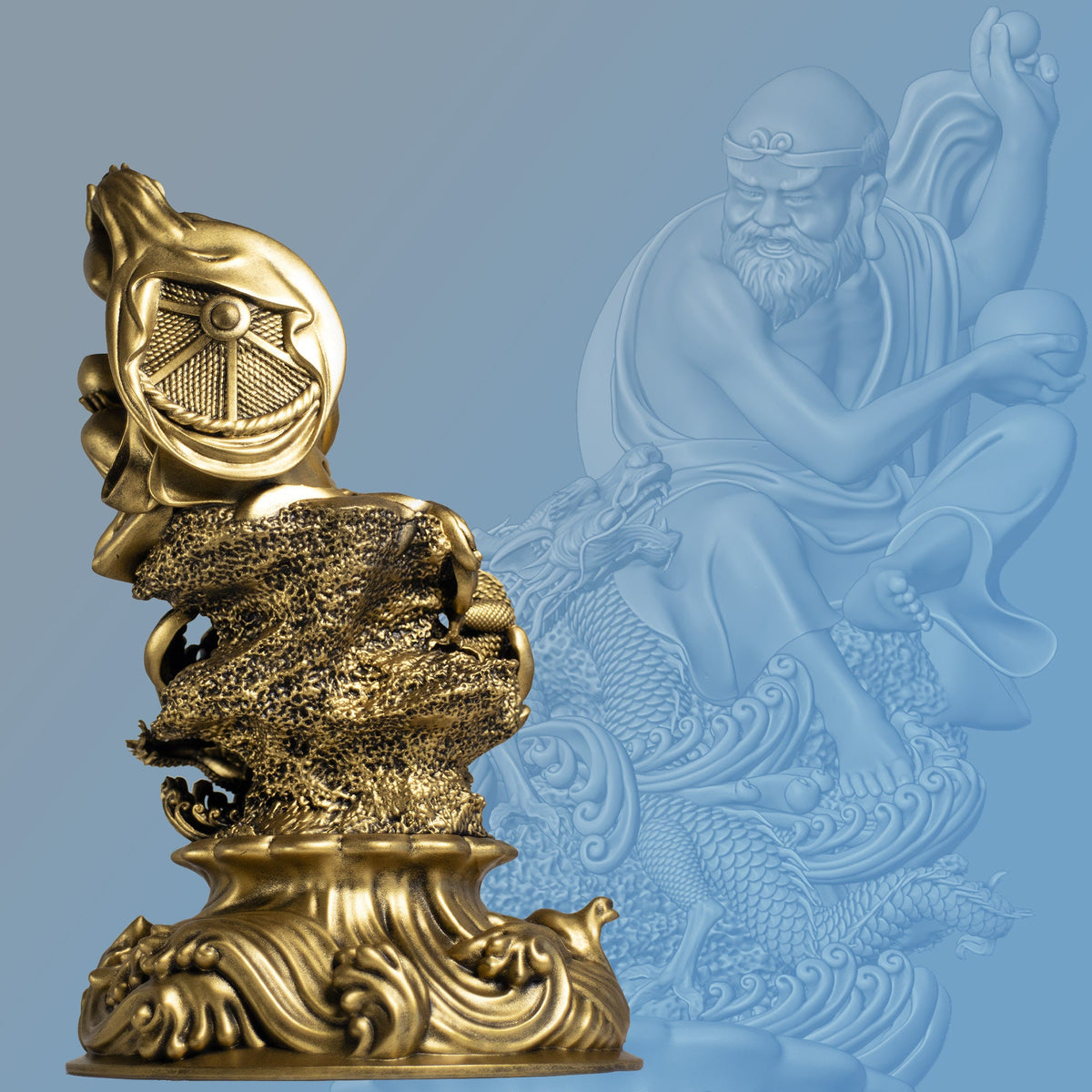 Statue of Bodhidharma, a Buddhist Monk, the Founder of Zen, Playing With Dragon. (Handmade, UV-resin)