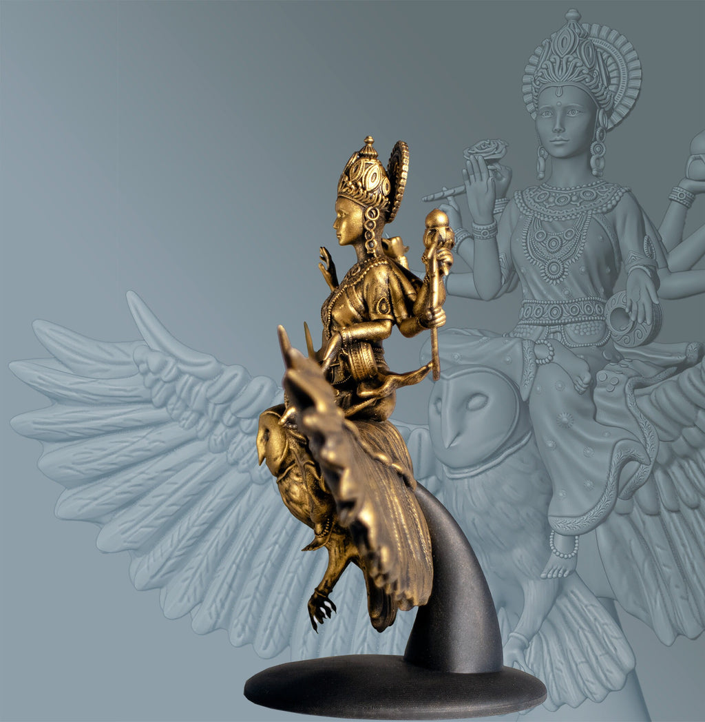 Statue de Lakshmi, déesse de la richesse et de la bonne fortune chevauchant la chouette Uluka (faite à la main, résine UV)