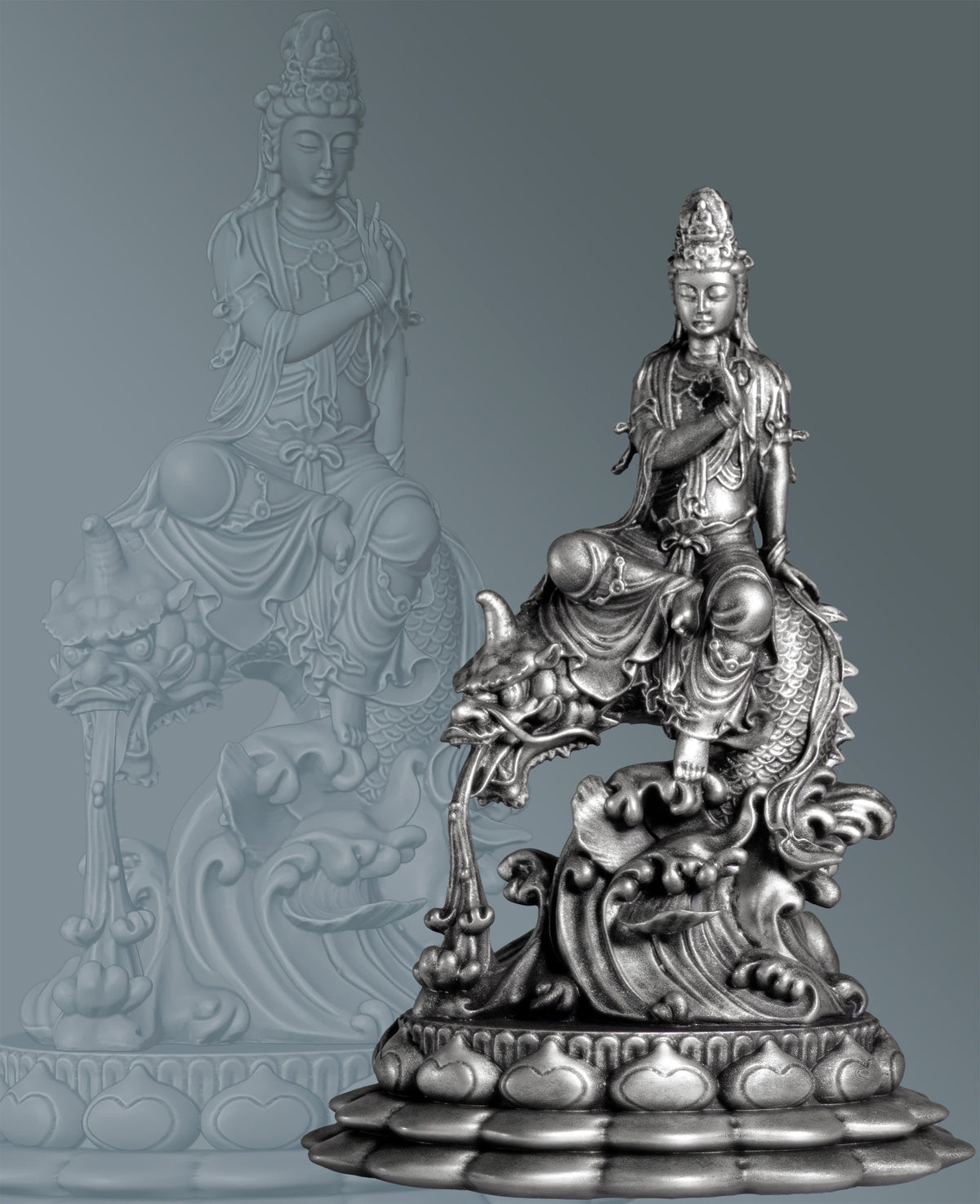 Guan Yin Statue. Goddess of Mercy, Bodhisattva of Compassion Riding Dragon Fish. (Handmade, UV-resin)