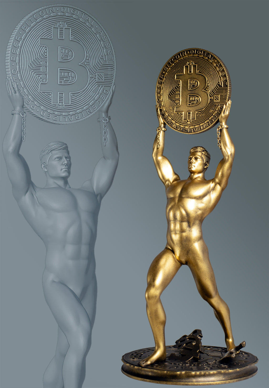 Statue de l'homme Bitcoin, or numérique crypto, symbole de liberté financière. (Fait main, résine UV)