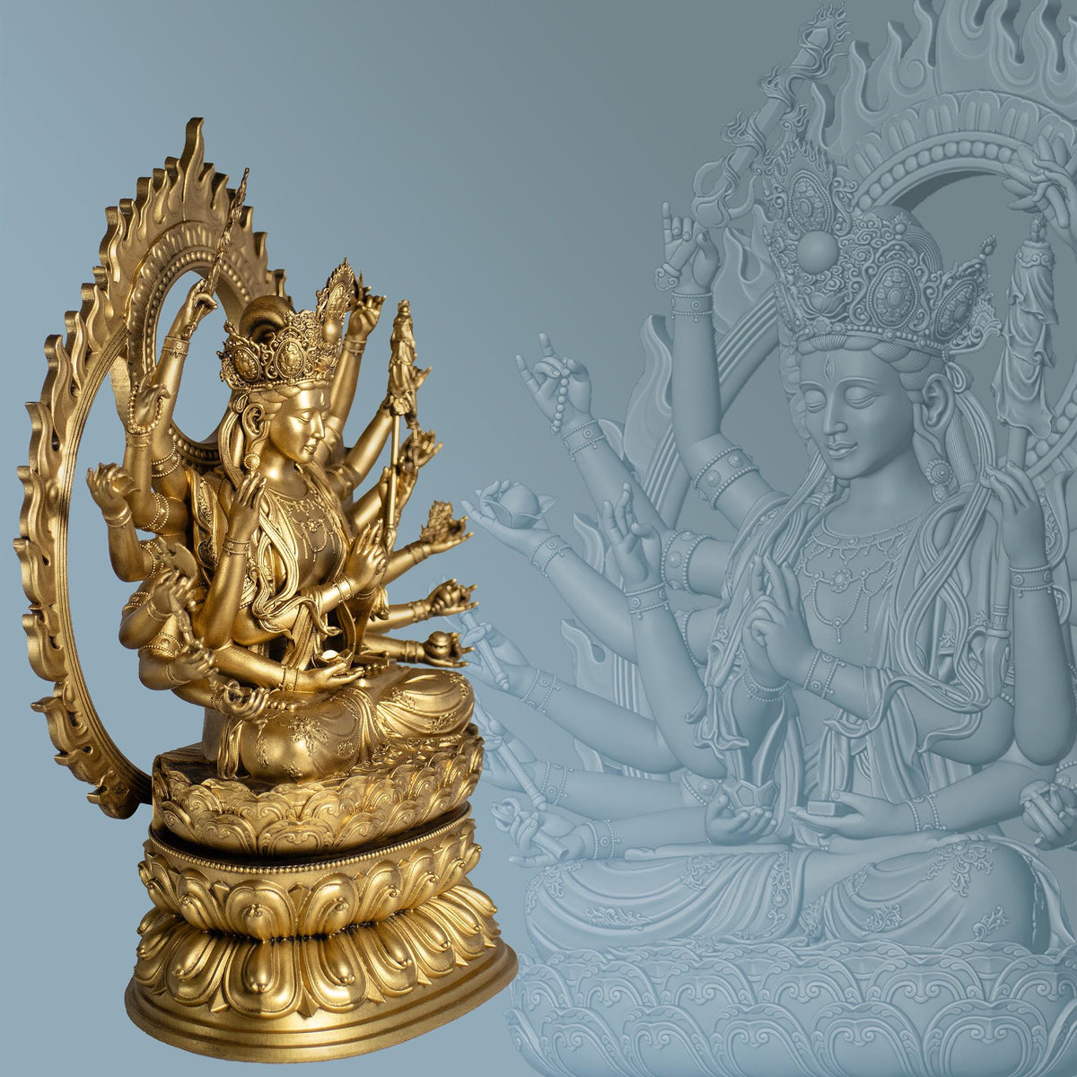 18-armed Cundi Buddha Mother Statue, Female Deity in Mahayana Buddhism (Handmade, UV-resin)
