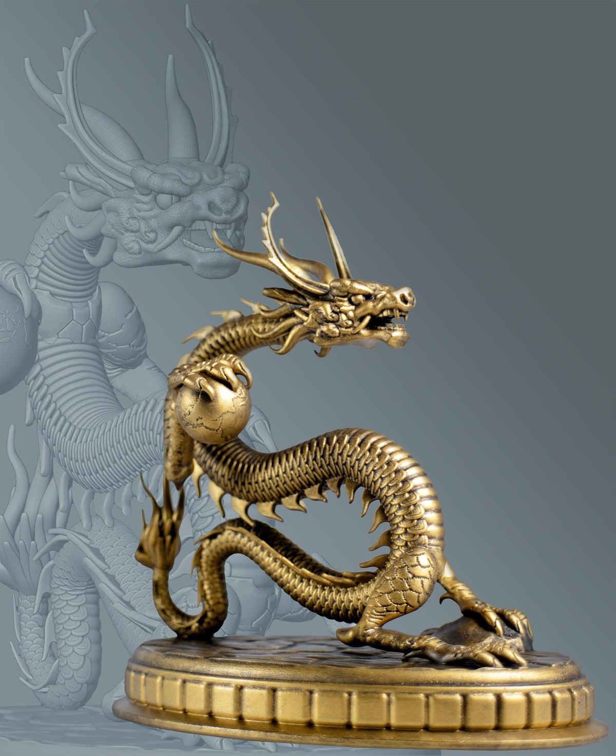 Statue of Chinese Dragon (a.k.a. Lung, Long, 龙, 龍 or Loong) holding the Earth (Handmade, UV-Resin, 2 sizes)