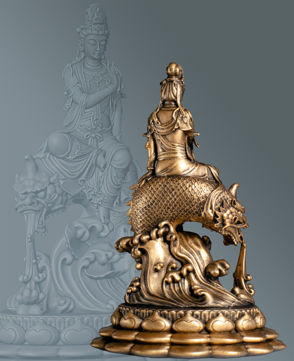 Guan Yin Statue. Goddess of Mercy, Bodhisattva of Compassion Riding Dragon Fish. (Handmade, UV-resin)