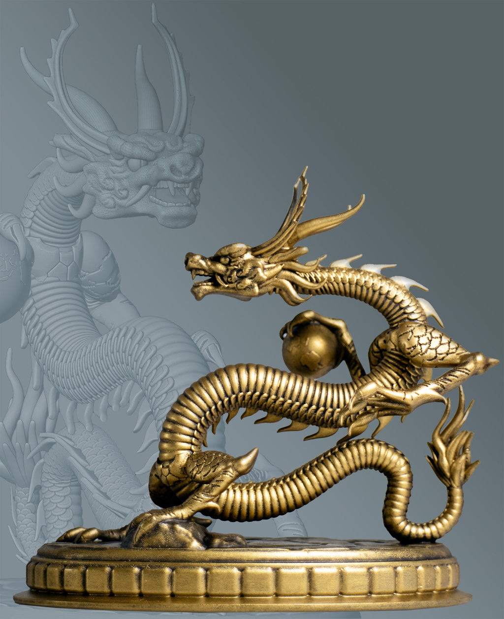Statue of Chinese Dragon (a.k.a. Lung, Long, 龙, 龍 or Loong) holding the Earth (Handmade, UV-Resin, 2 sizes)