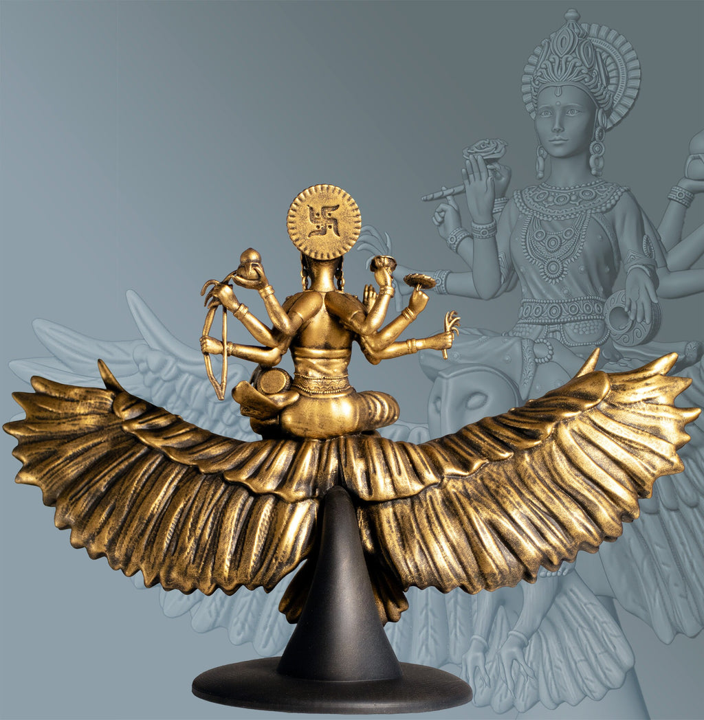 Statue de Lakshmi, déesse de la richesse et de la bonne fortune chevauchant la chouette Uluka (faite à la main, résine UV)