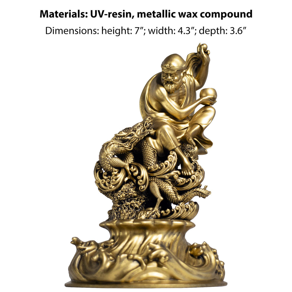 Statue de Bodhidharma, moine bouddhiste et fondateur du zen, jouant avec un dragon. (Fait main, résine UV)