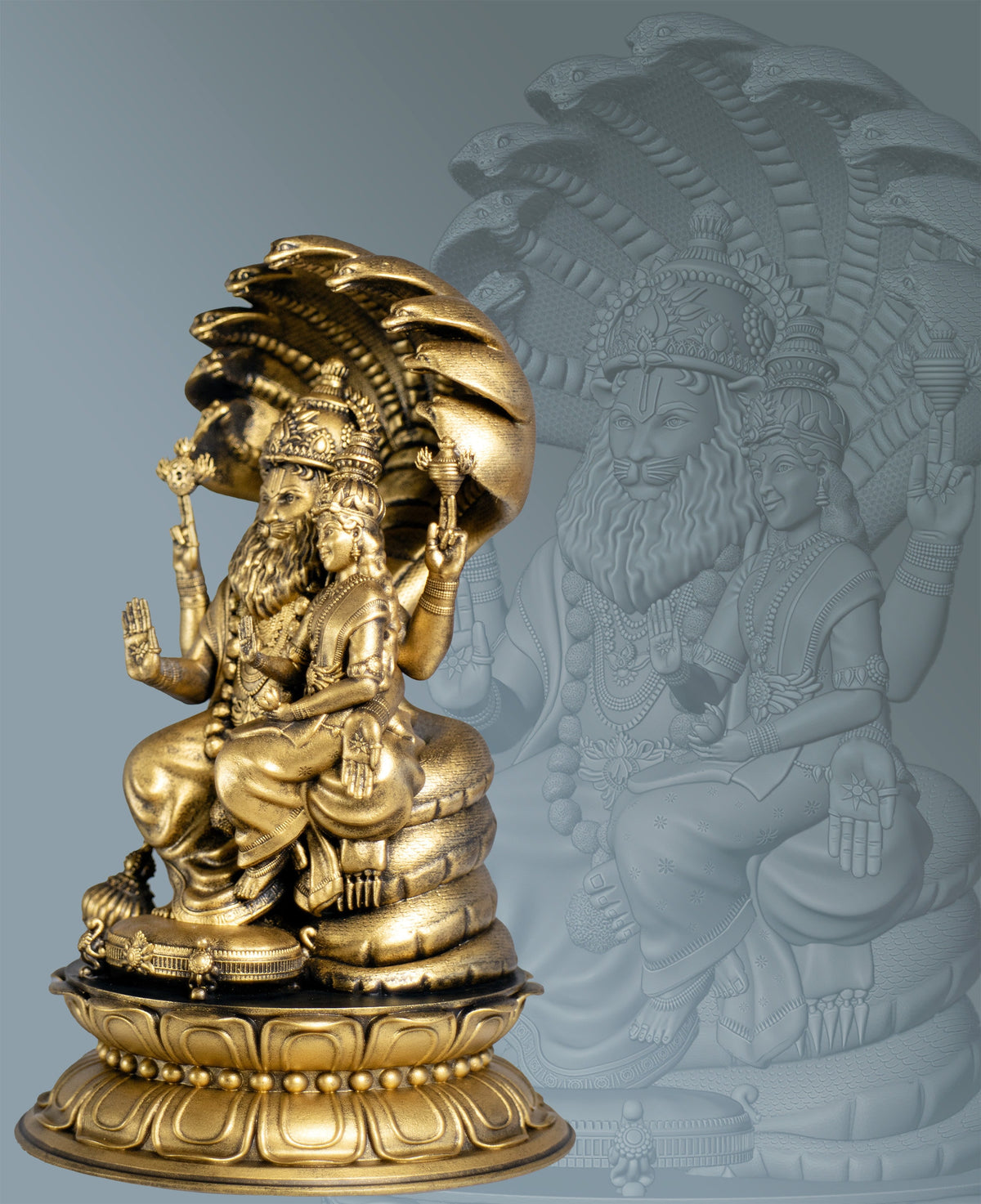Statue de Sri Lakshmi Narasimha. 4e avatar du dieu Vishnu. Déesse de la prospérité Lakshmi. (Fait main, résine UV)