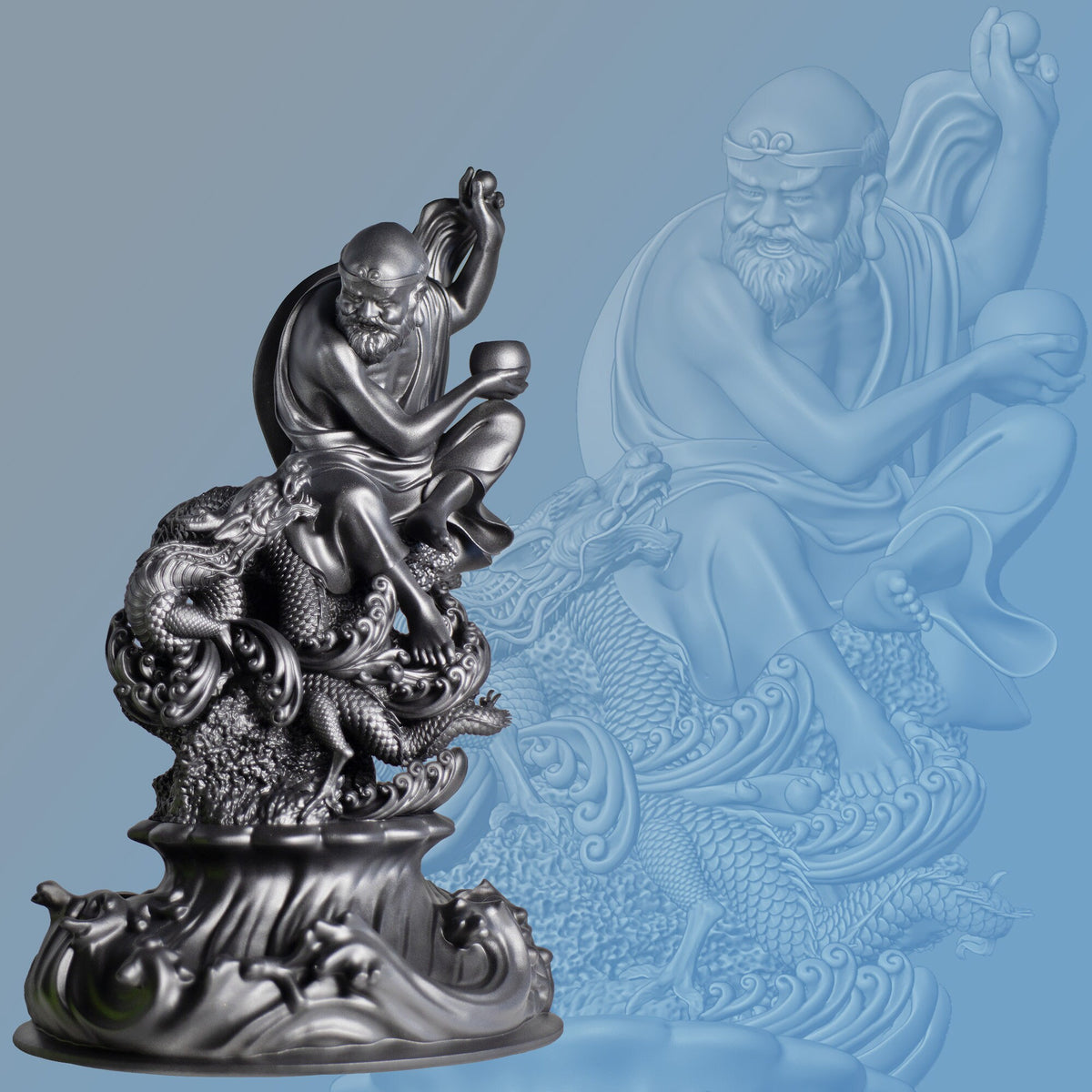 Statue of Bodhidharma, a Buddhist Monk, the Founder of Zen, Playing With Dragon. (Handmade, UV-resin)