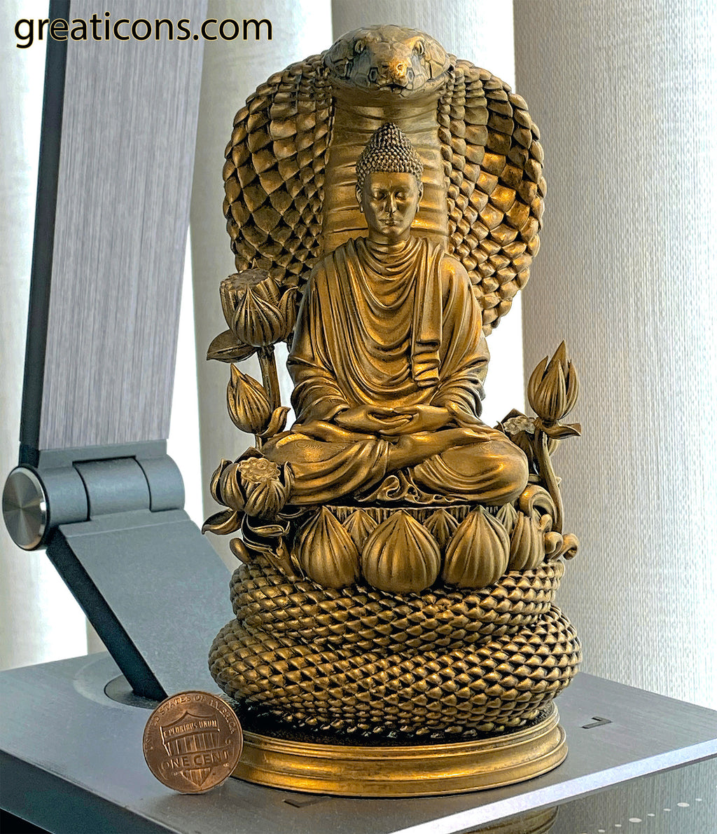 Buddha Statue. Siddhartha Gautama, the Buddha, Buddhism Founder.  Protected by Naga King Mucalinda. (Handmade, UV-resin)