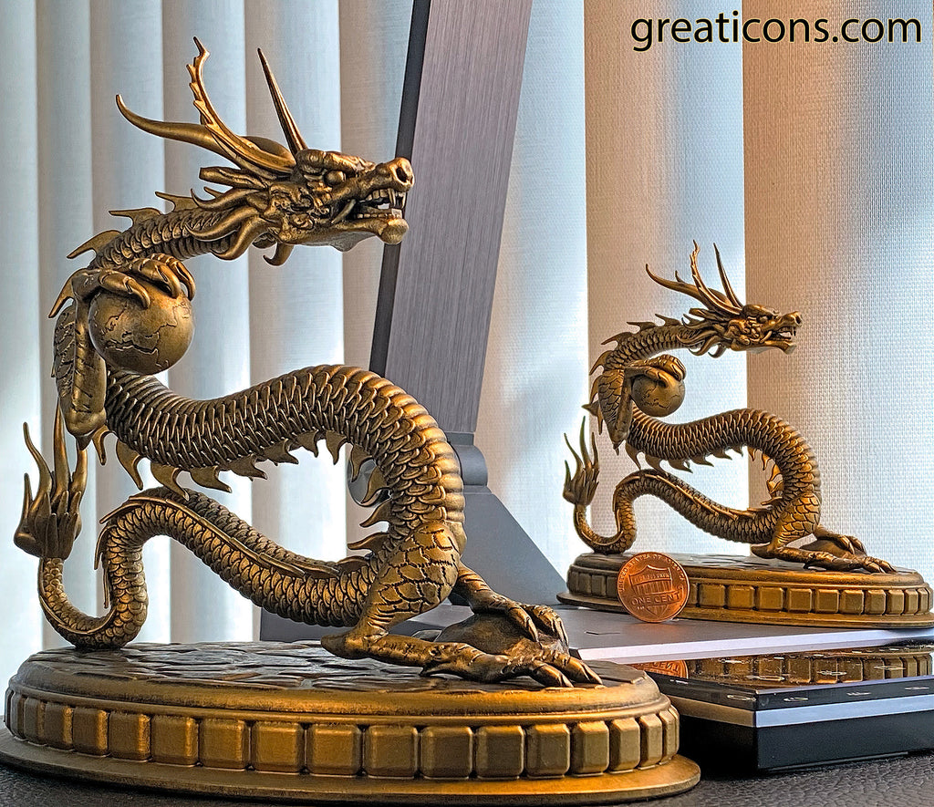 Statue of Chinese Dragon (a.k.a. Lung, Long, 龙, 龍 or Loong) holding the Earth (Handmade, UV-Resin, 2 sizes)