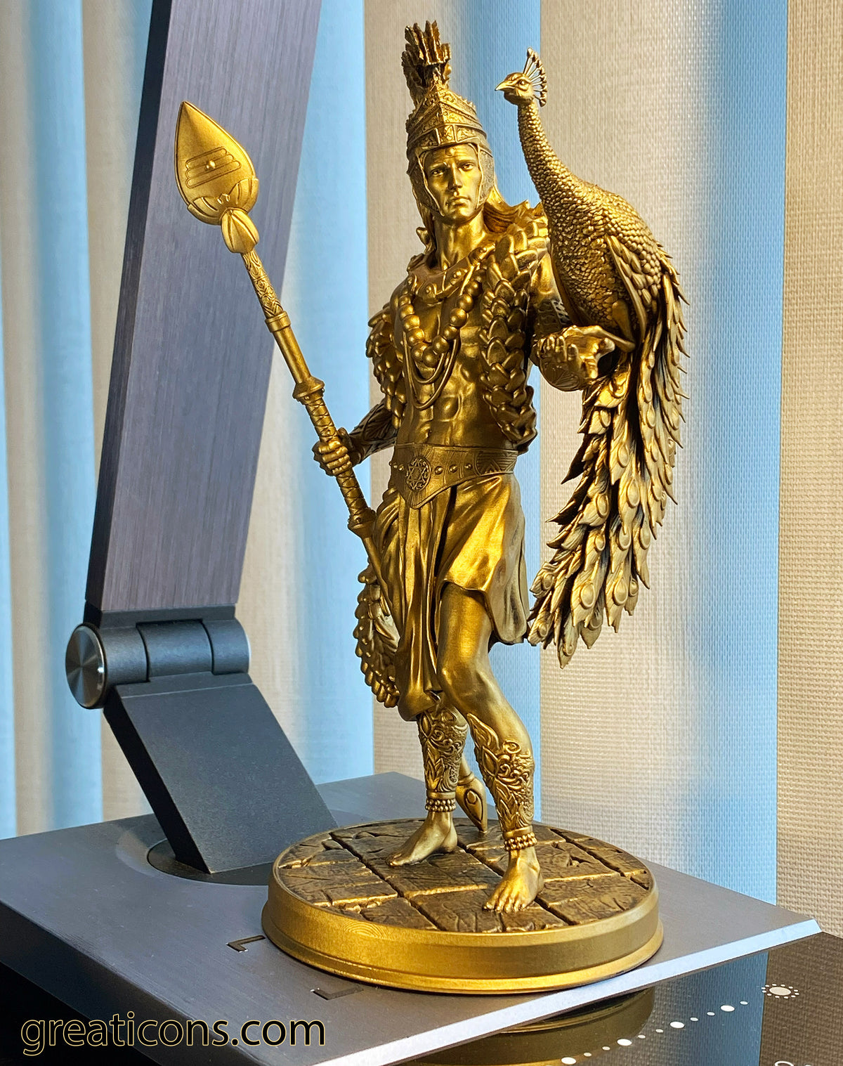 Statue of Lord Kartikeya, Murugan with peacock Paravani and Vel. (Handmade, UV-resin)