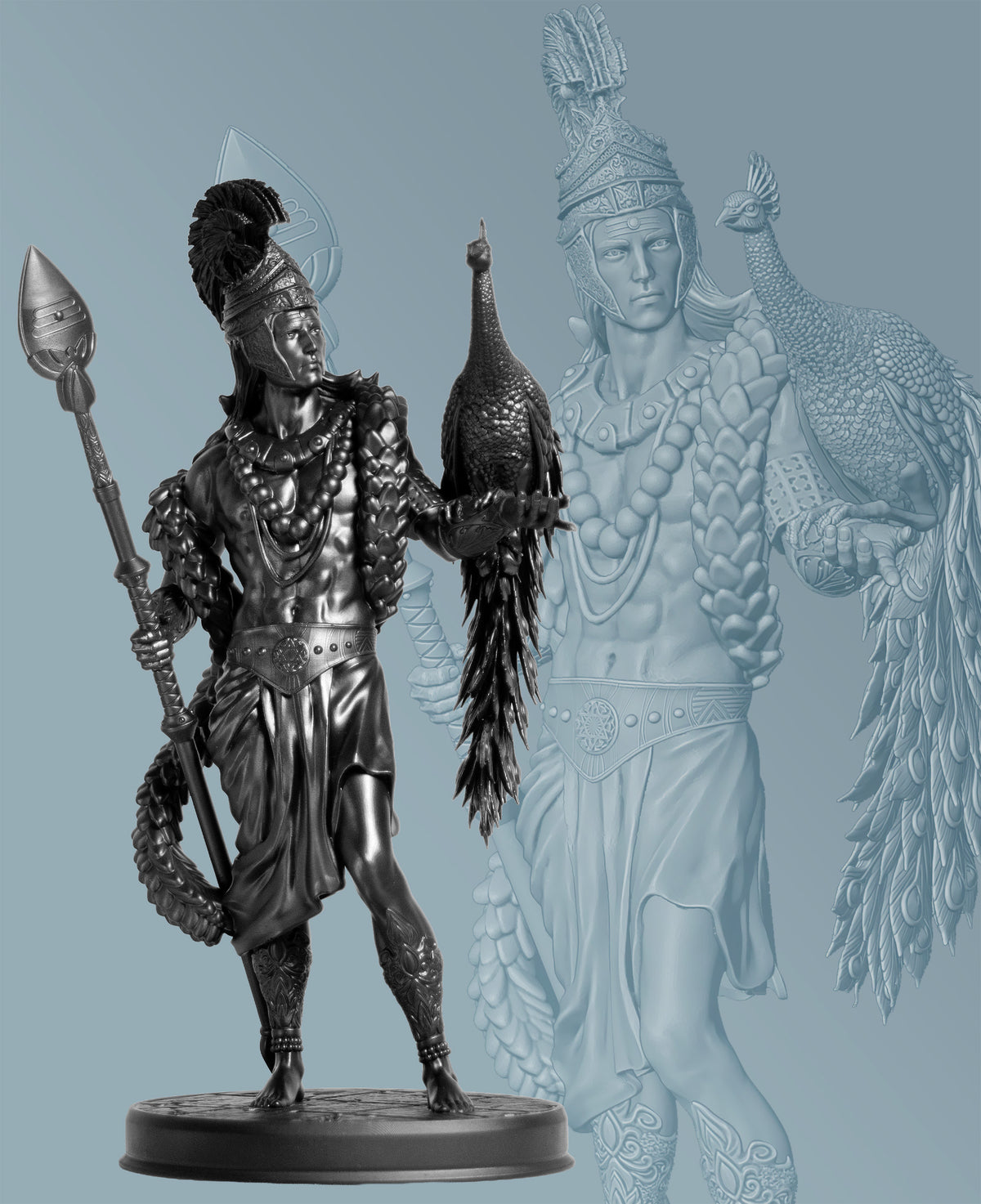 Statue of Lord Kartikeya, Murugan with peacock Paravani and Vel. (Handmade, UV-resin)