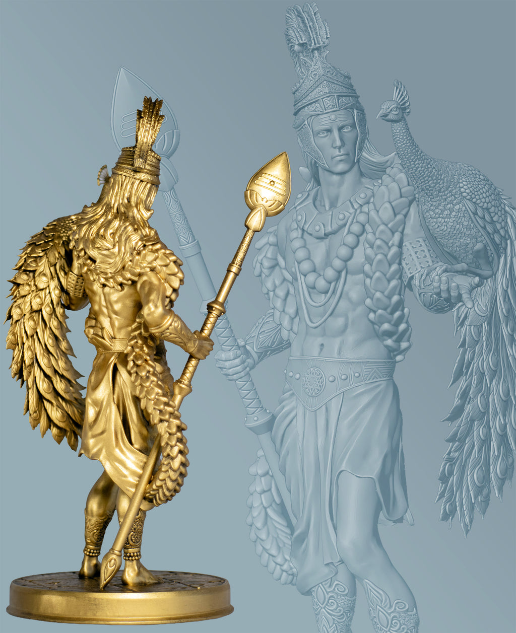 Statue of Lord Kartikeya, Murugan with peacock Paravani and Vel. (Handmade, UV-resin)