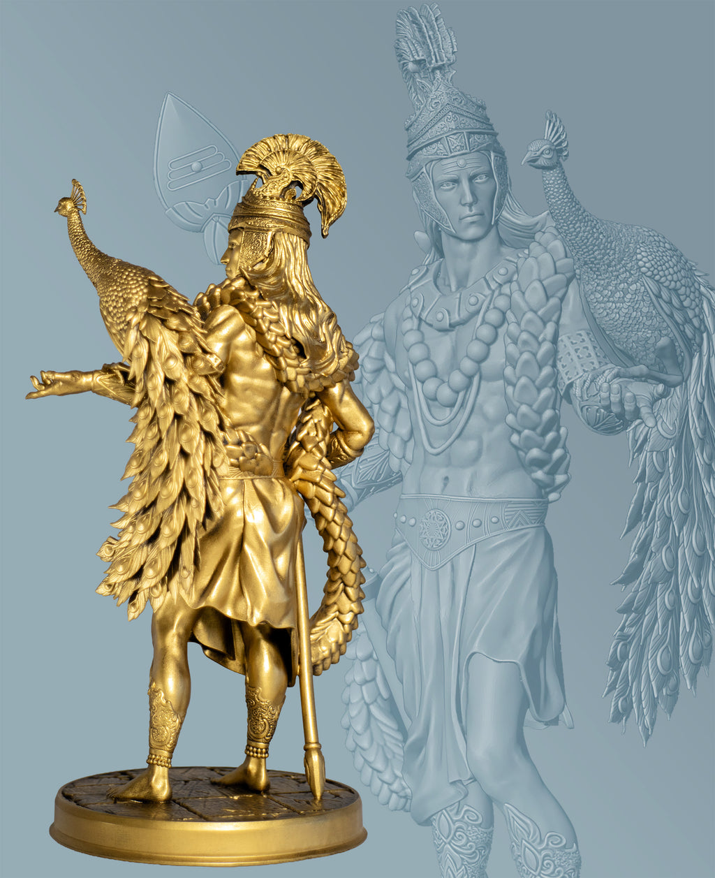 Statue of Lord Kartikeya, Murugan with peacock Paravani and Vel. (Handmade, UV-resin)