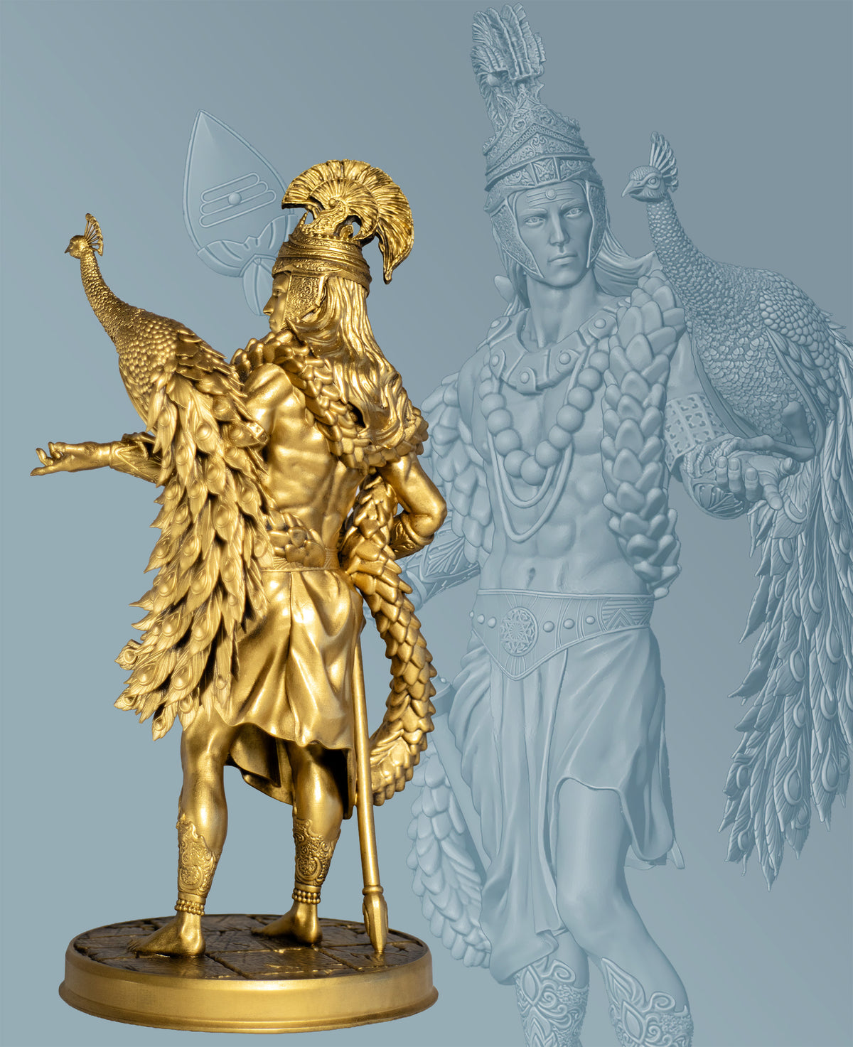 Statue of Lord Kartikeya, Murugan with peacock Paravani and Vel. (Handmade, UV-resin)