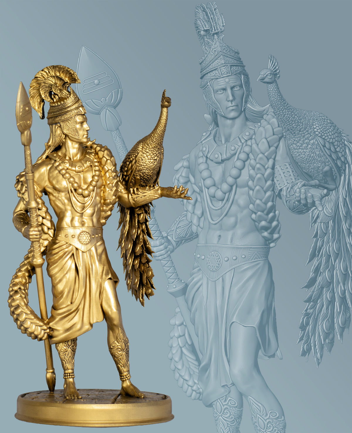 Statue of Lord Kartikeya, Murugan with peacock Paravani and Vel. (Handmade, UV-resin)