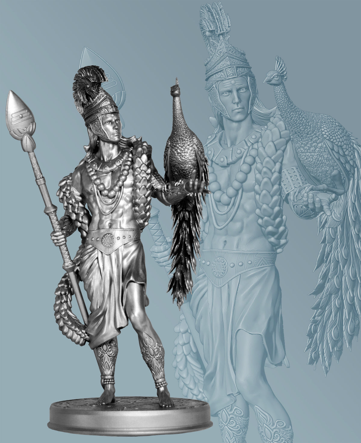 Statue of Lord Kartikeya, Murugan with peacock Paravani and Vel. (Handmade, UV-resin)