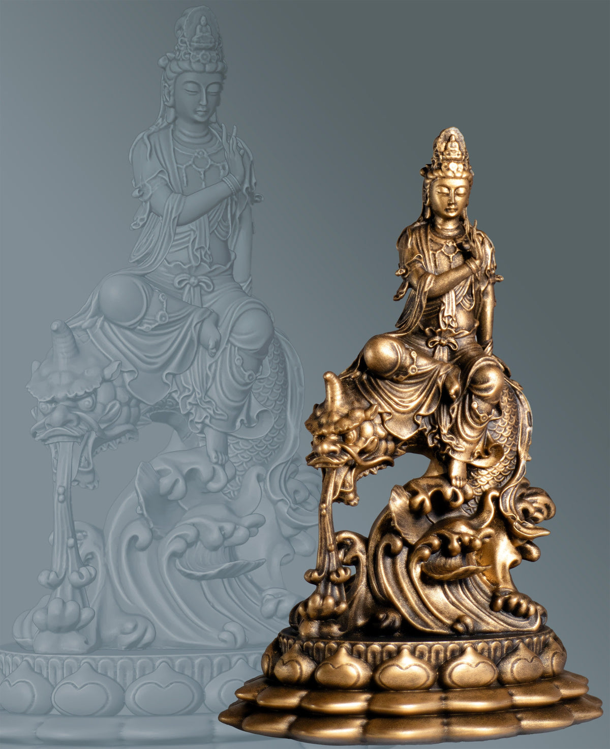 Guan Yin Statue. Goddess of Mercy, Bodhisattva of Compassion Riding Dragon Fish. (Handmade, UV-resin)