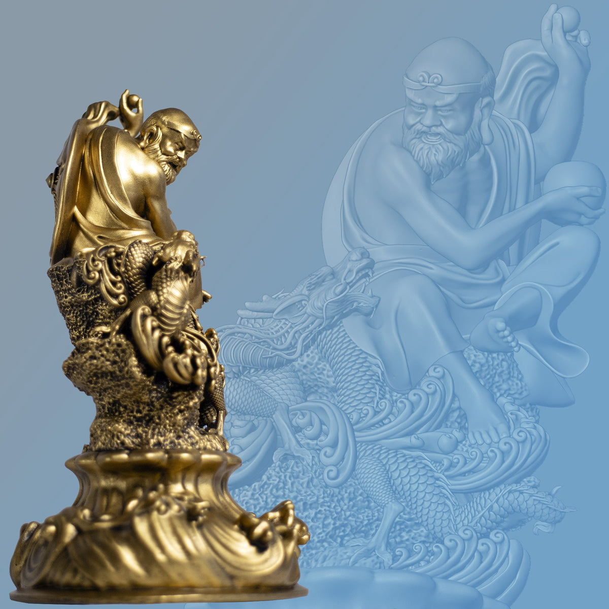Statue of Bodhidharma, a Buddhist Monk, the Founder of Zen, Playing With Dragon. (Handmade, UV-resin)