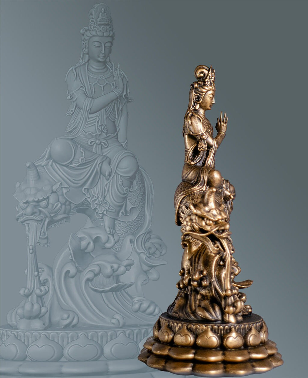 Statue de Guan Yin. Déesse de la Miséricorde, Bodhisattva de la Compassion chevauchant un poisson-dragon. (Fait main, résine UV)