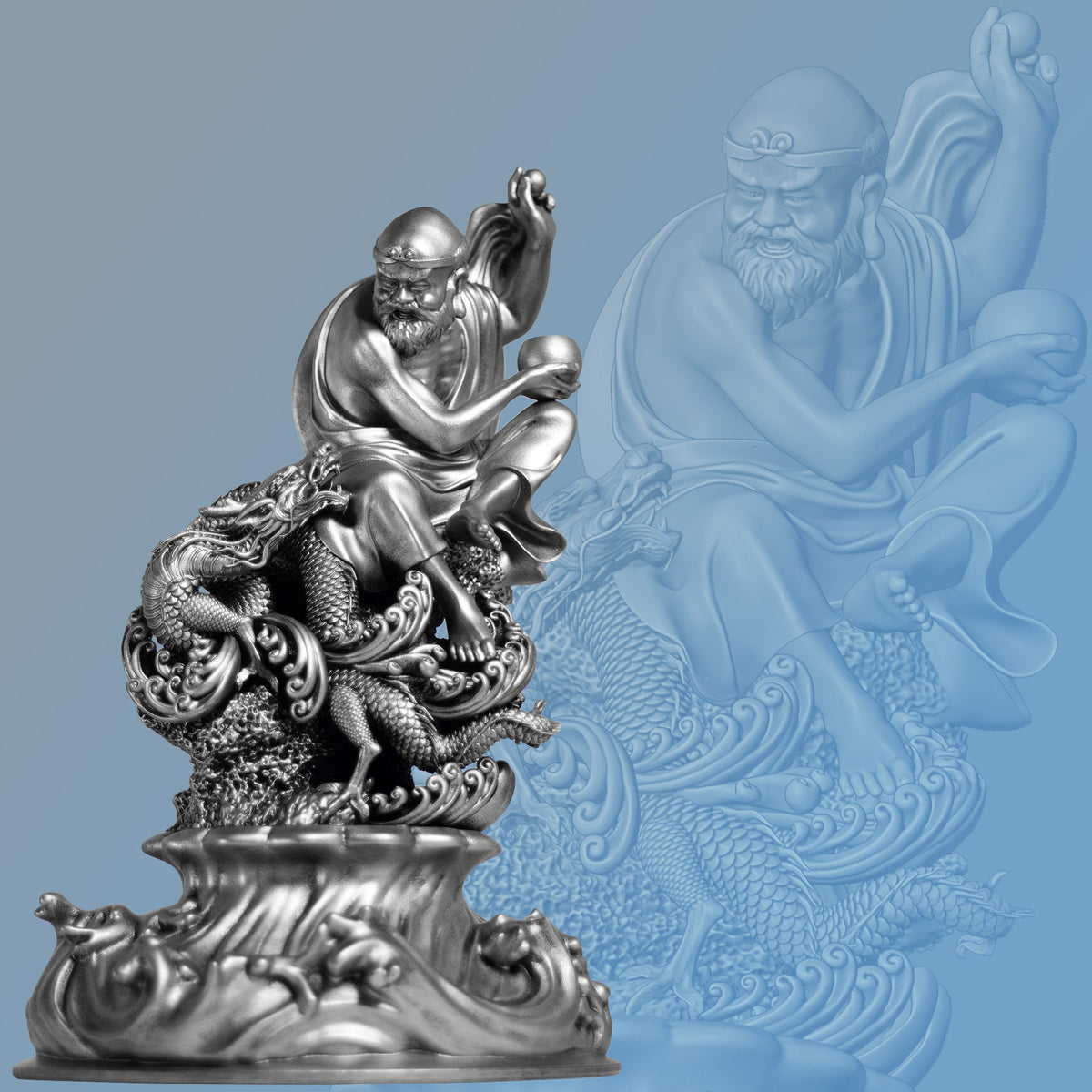 Statue of Bodhidharma, a Buddhist Monk, the Founder of Zen, Playing With Dragon. (Handmade, UV-resin)