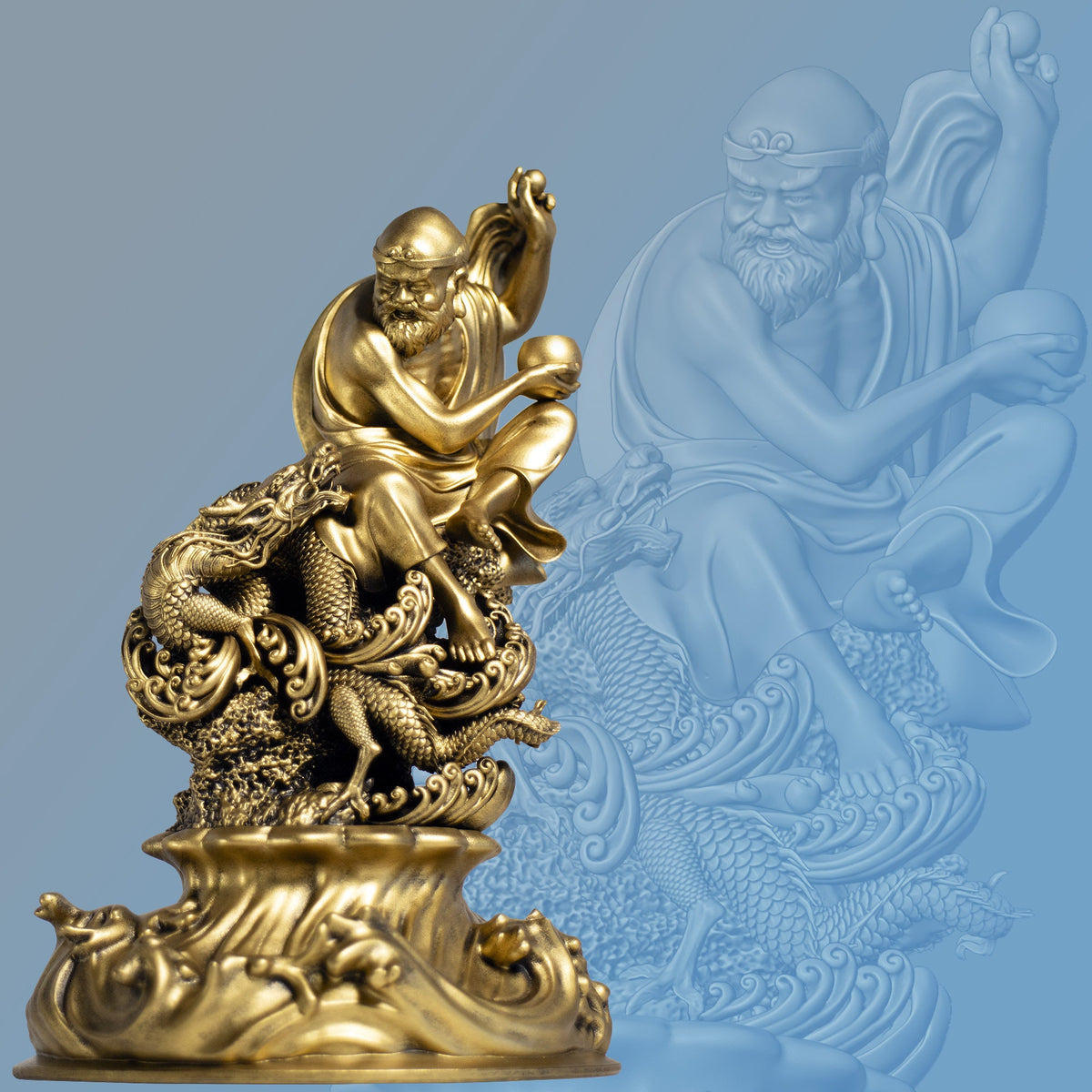 Statue of Bodhidharma, a Buddhist Monk, the Founder of Zen, Playing With Dragon. (Handmade, UV-resin)