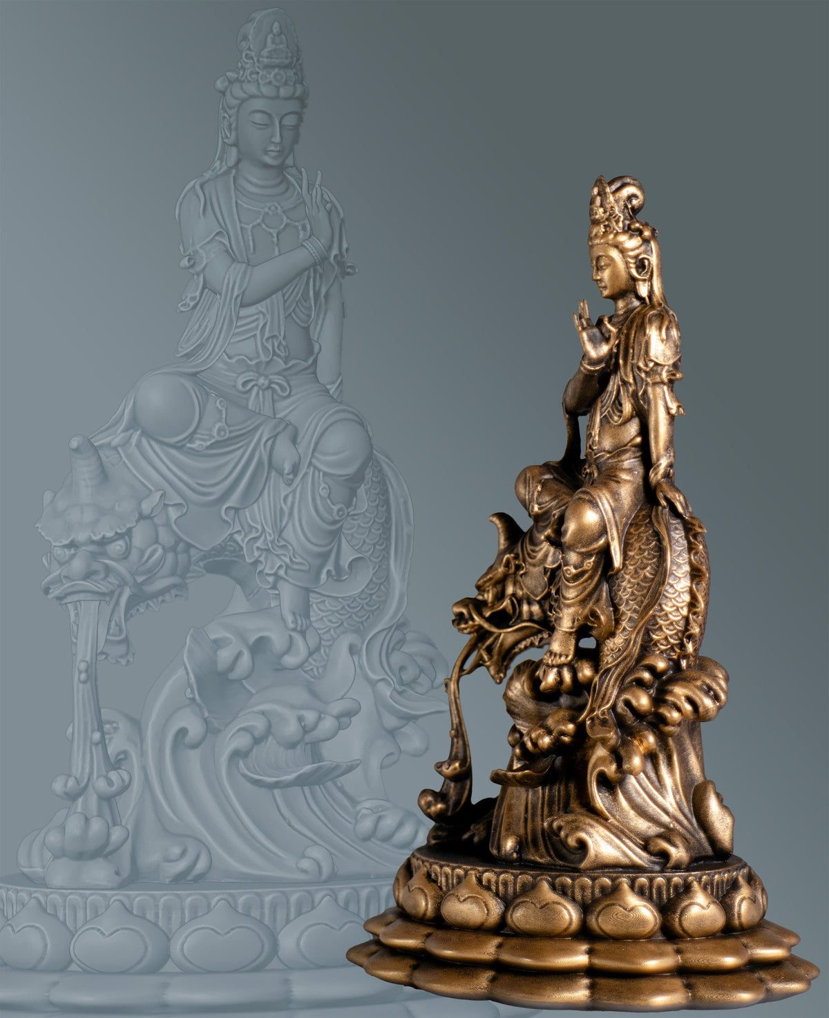 Guan Yin Statue. Goddess of Mercy, Bodhisattva of Compassion Riding Dragon Fish. (Handmade, UV-resin)