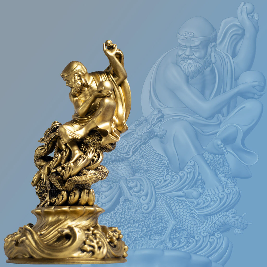 Statue de Bodhidharma, moine bouddhiste et fondateur du zen, jouant avec un dragon. (Fait main, résine UV)